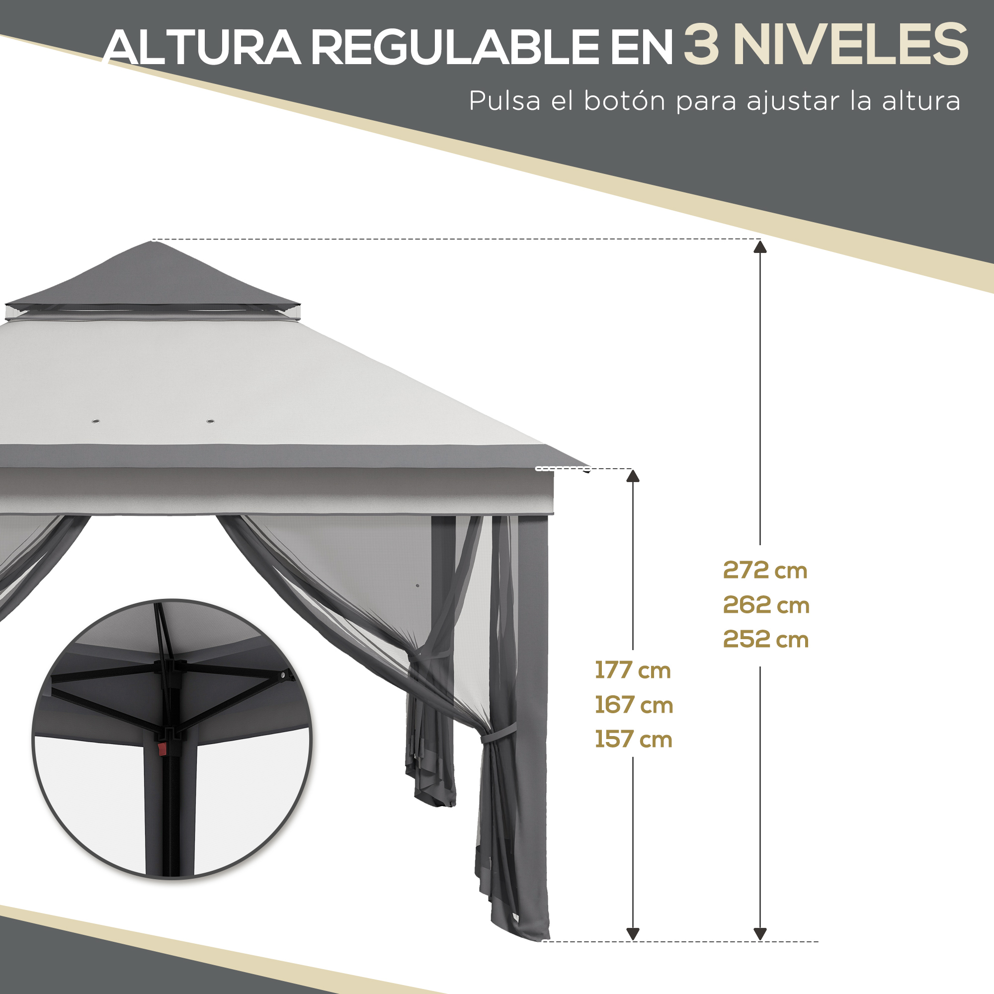 Cenador gris con altura ajustable. Las dimensiones se muestran a la derecha.