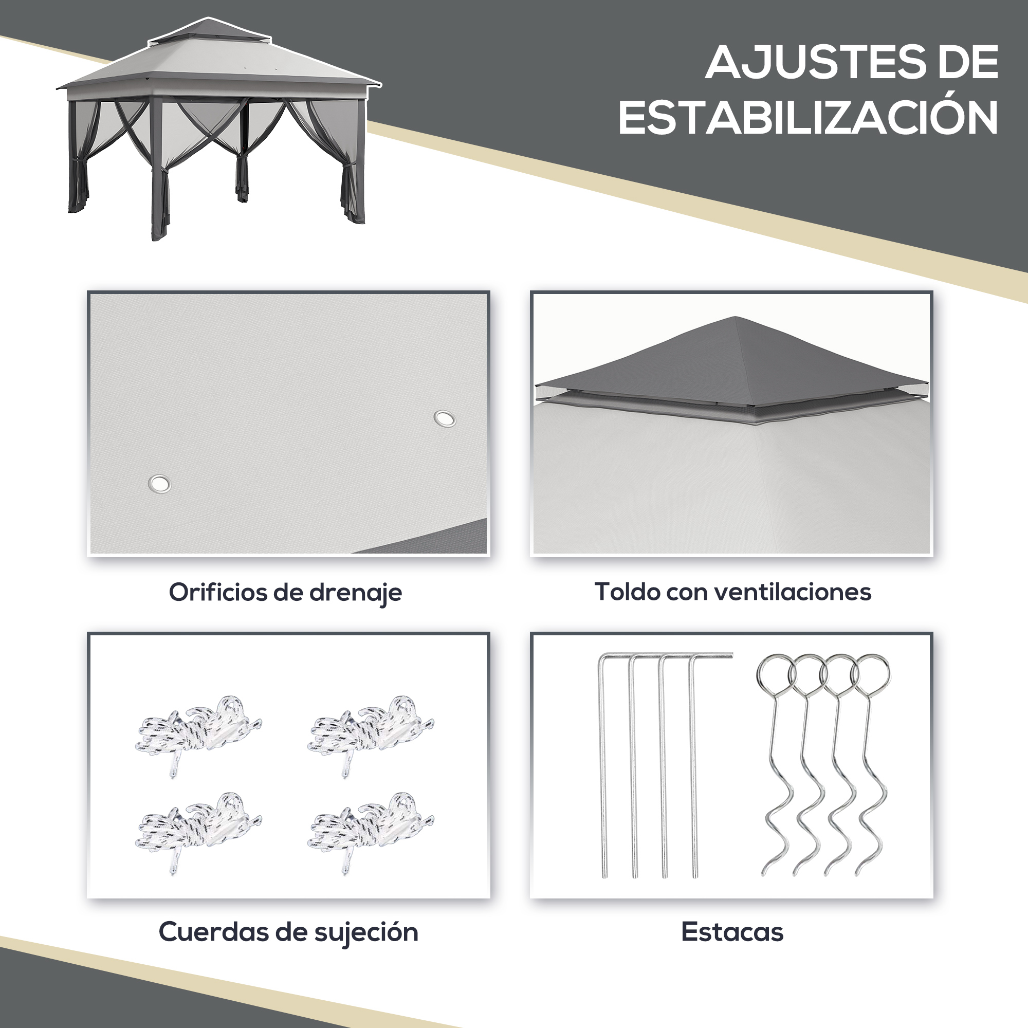 Un cenador con cuatro imágenes detalladas: orificios de drenaje, ventilación, cuerdas y estacas.
