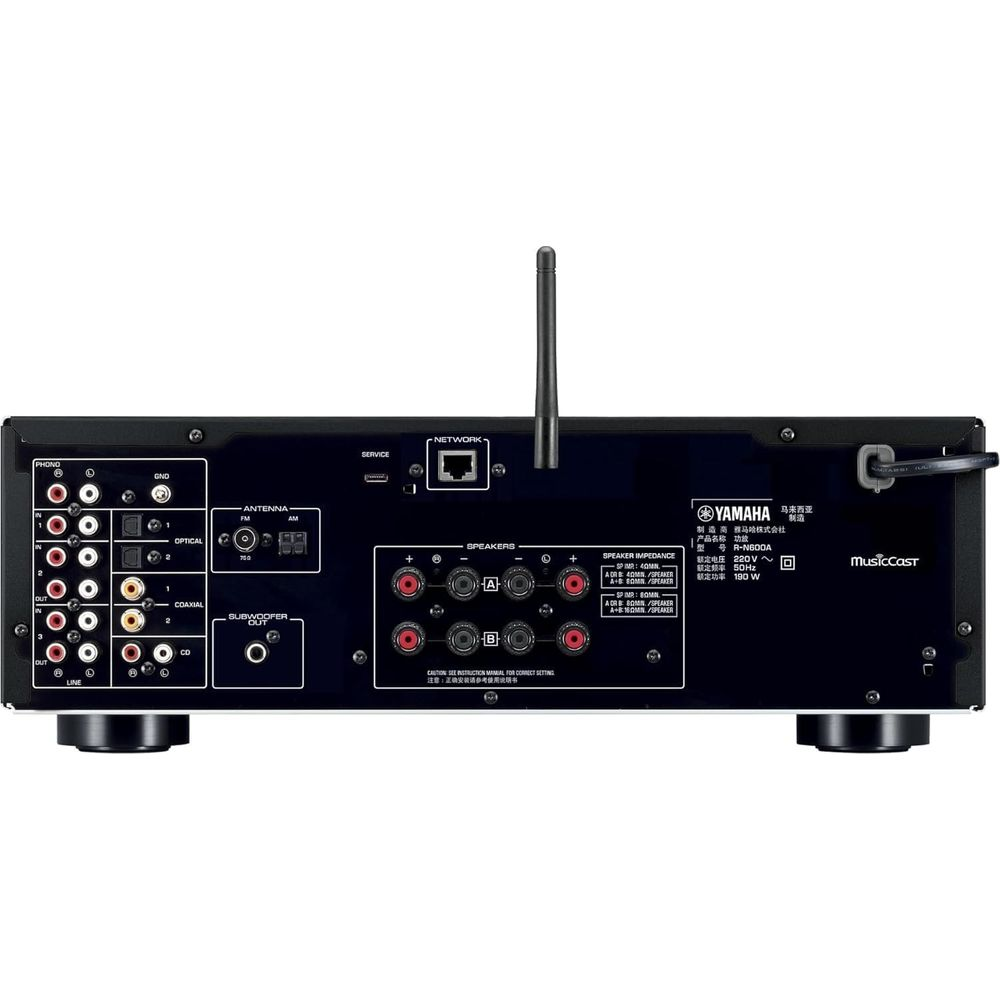 Vue arrière d'un amplificateur Yamaha avec ports pour antenne, réseau, haut-parleurs et audio.