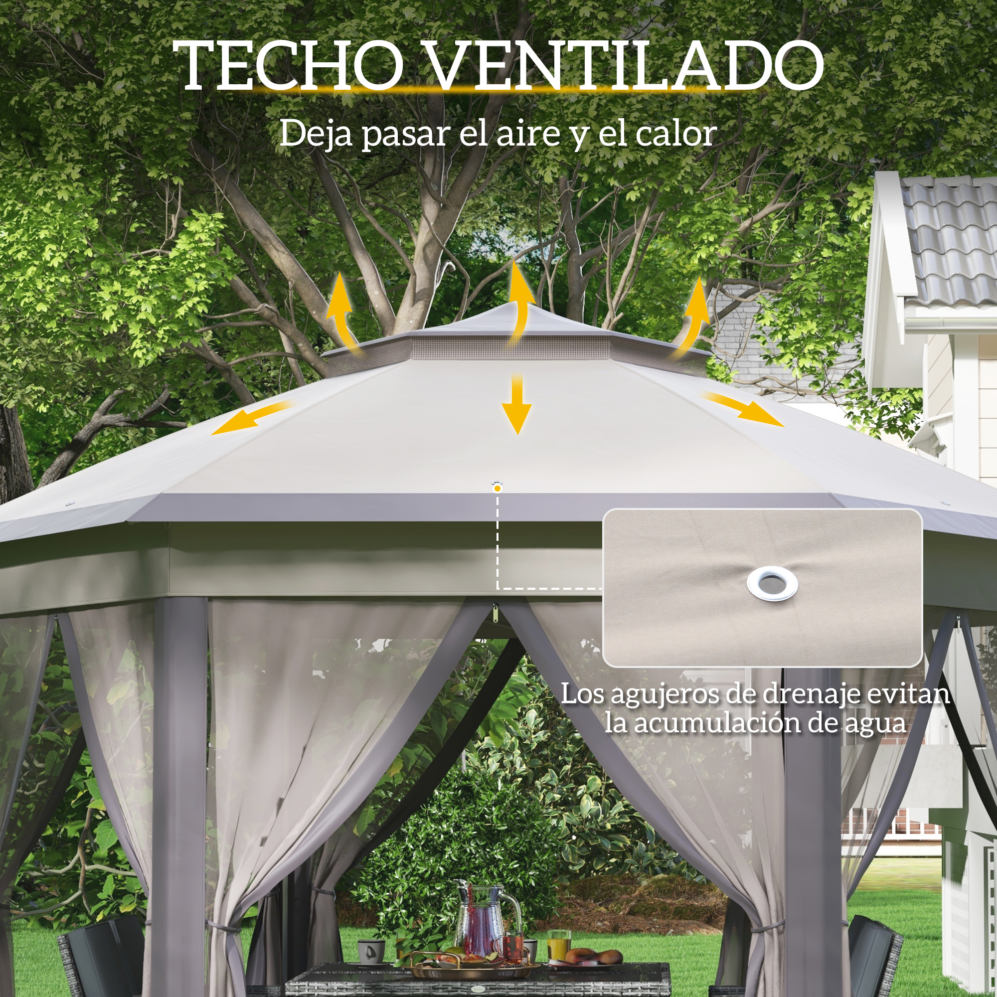 Un gazebo con techo ventilado, mostrando circulación de aire con flechas.