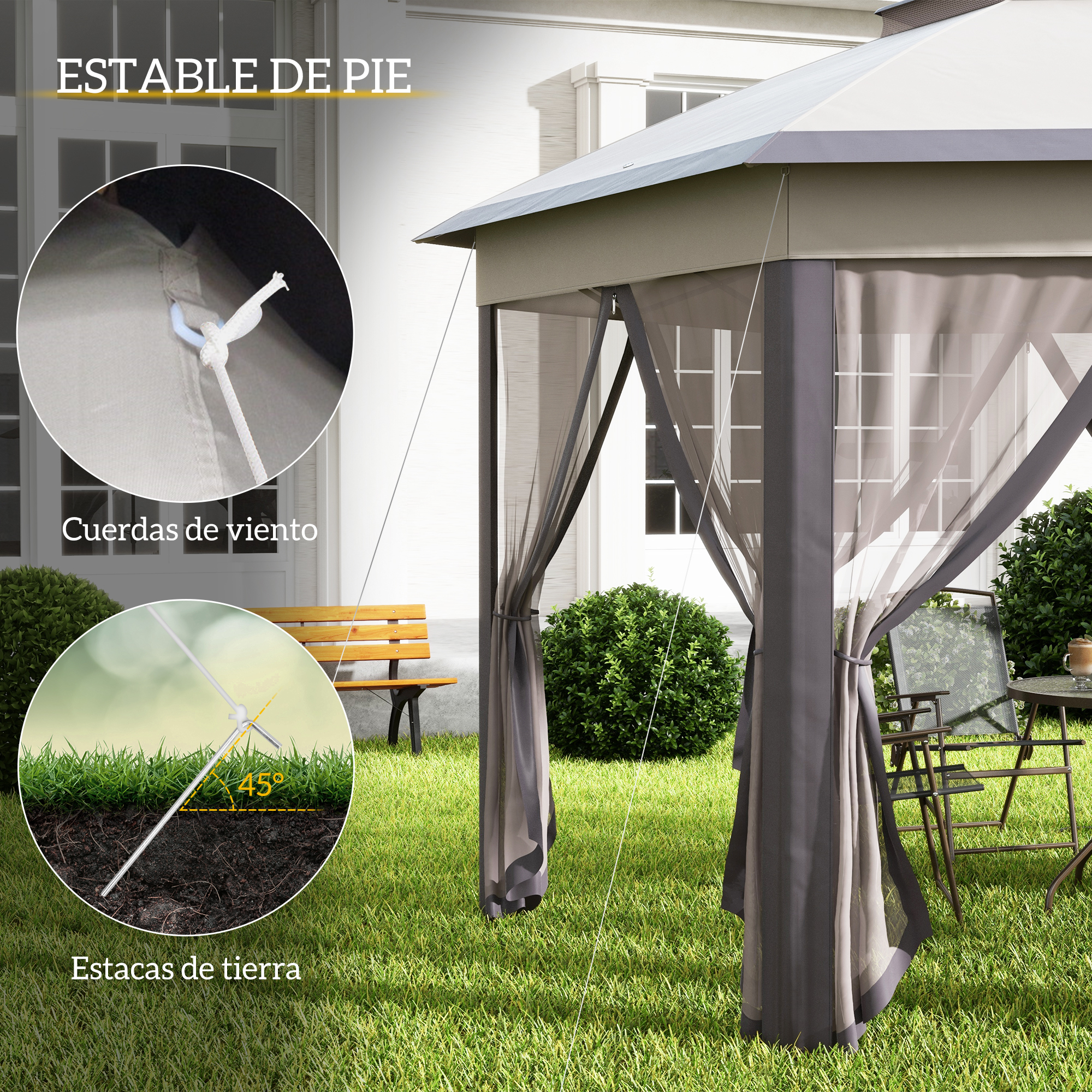 Un cenador con cortinas en un jardín, con primeros planos de cuerdas y estacas.