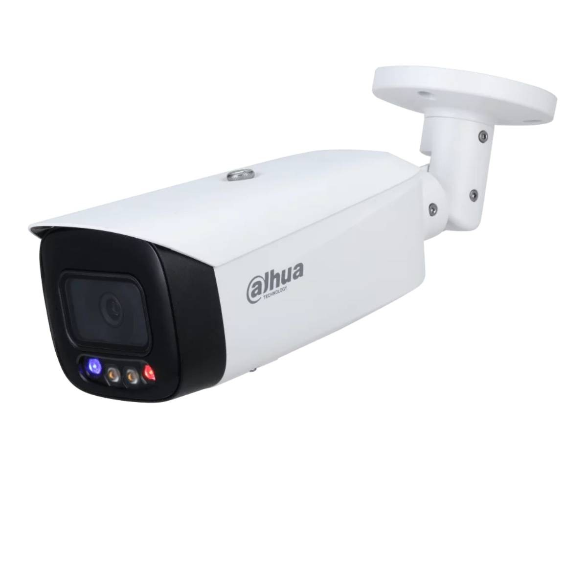 Una telecamera di sicurezza Dahua bianca con frontale e lente neri.
