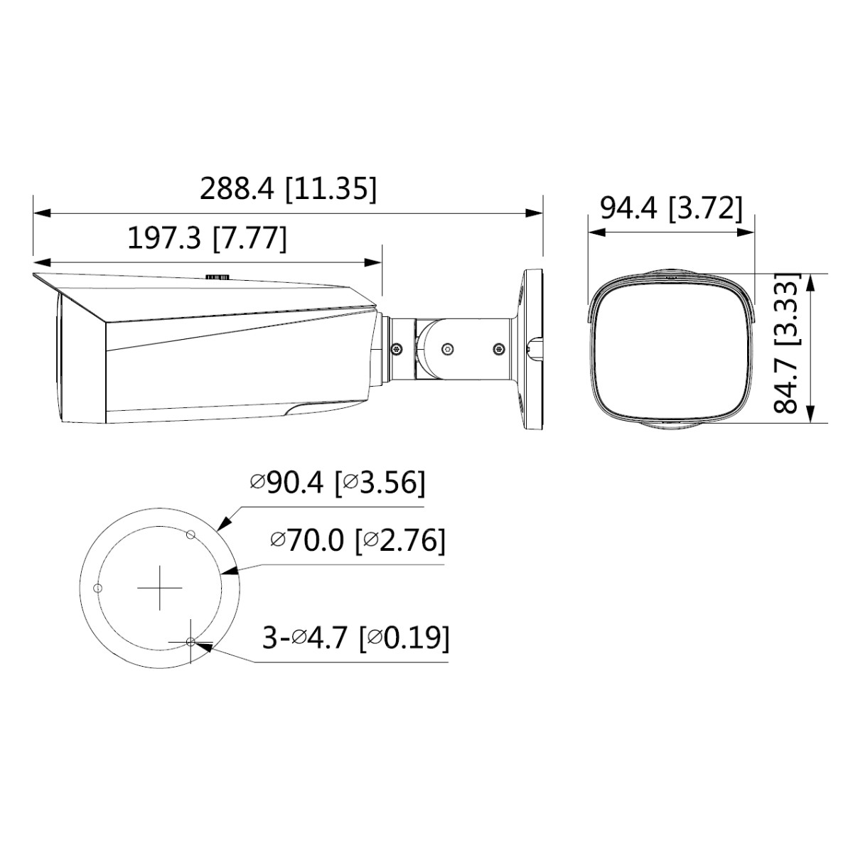 Disegno tecnico di una telecamera di sicurezza con dimensioni.