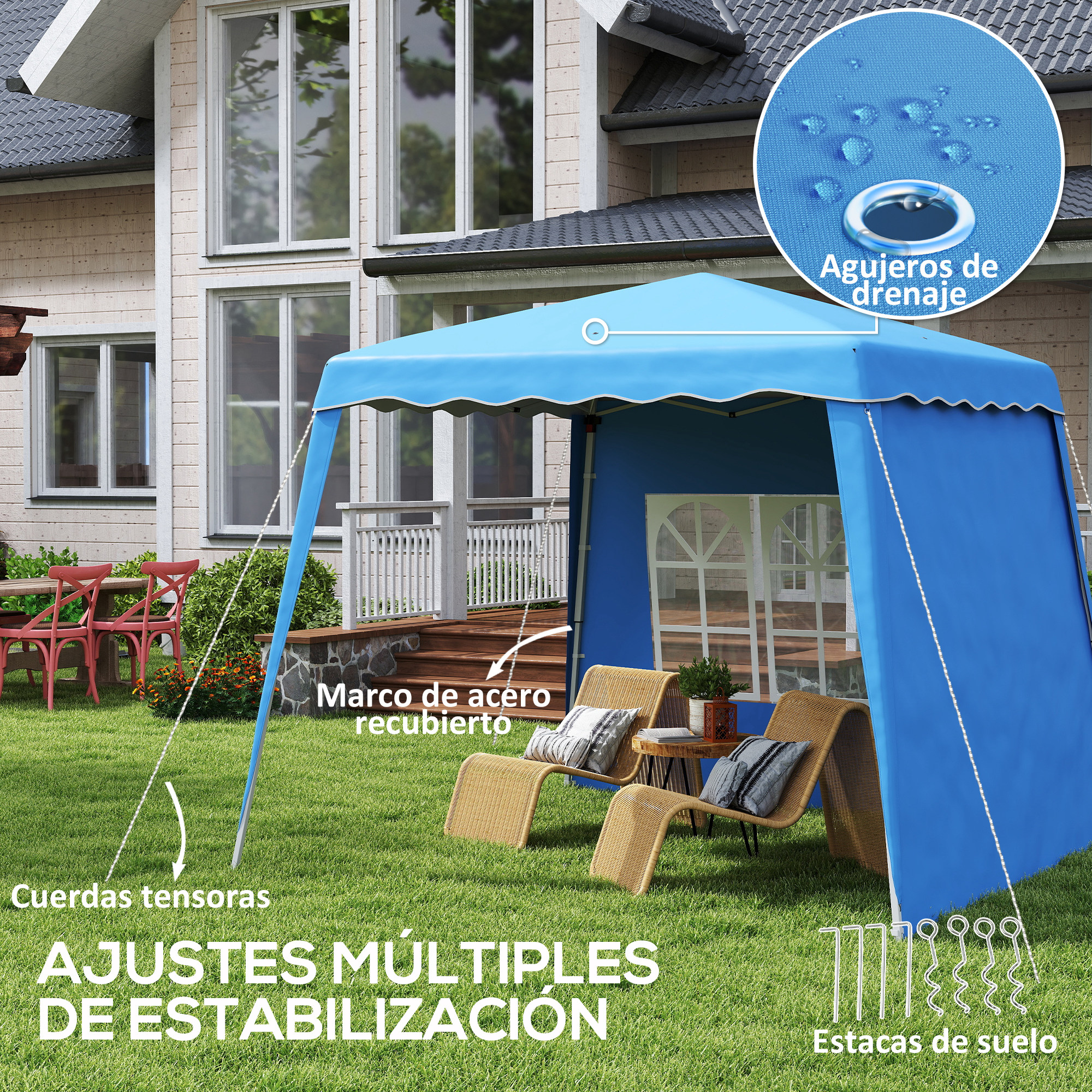 Un toldo azul en un jardín con sillas, mesa y asientos. Notas sobre agujeros de drenaje.