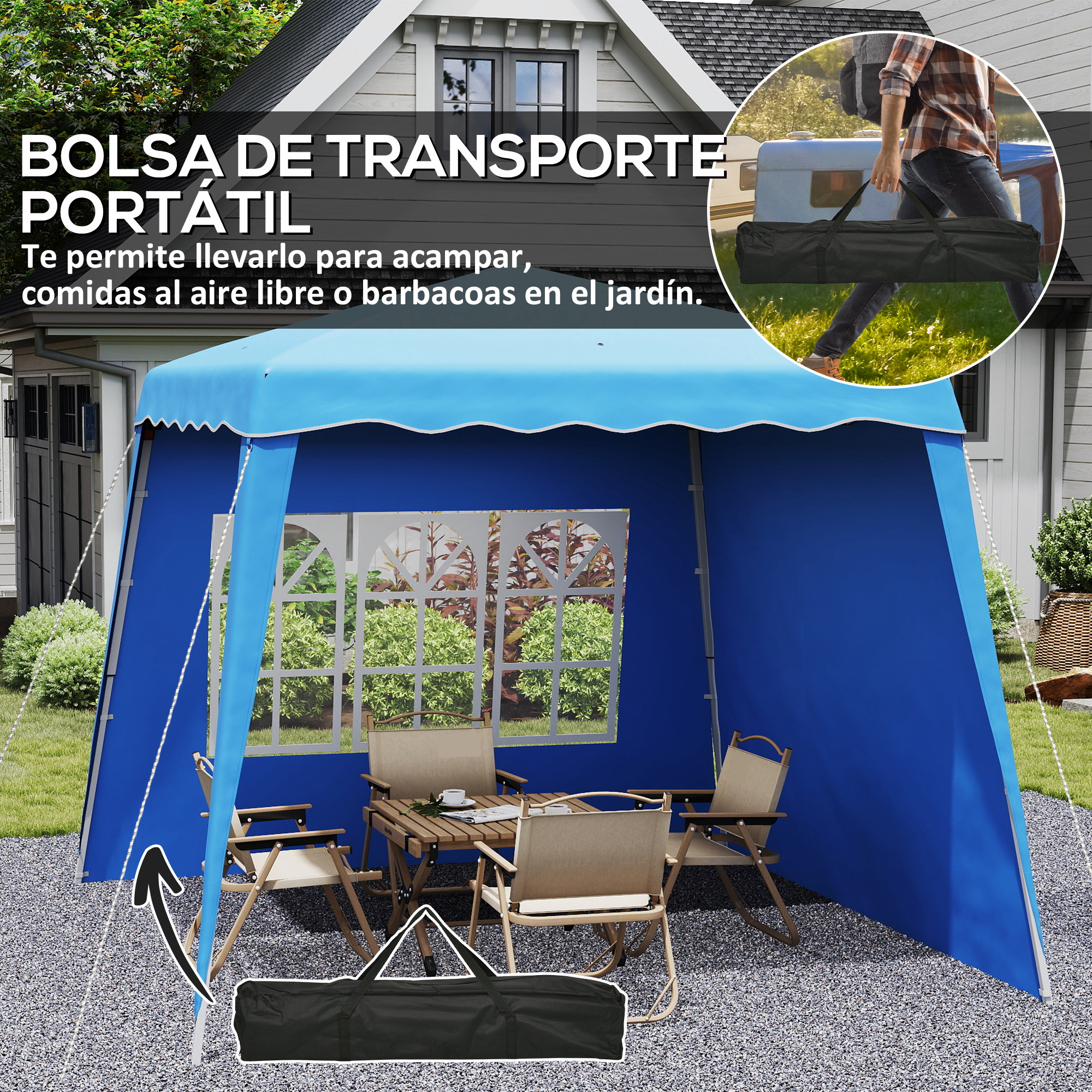 Una carpa azul con mesa y sillas al aire libre. Una bolsa de transporte negra delante.