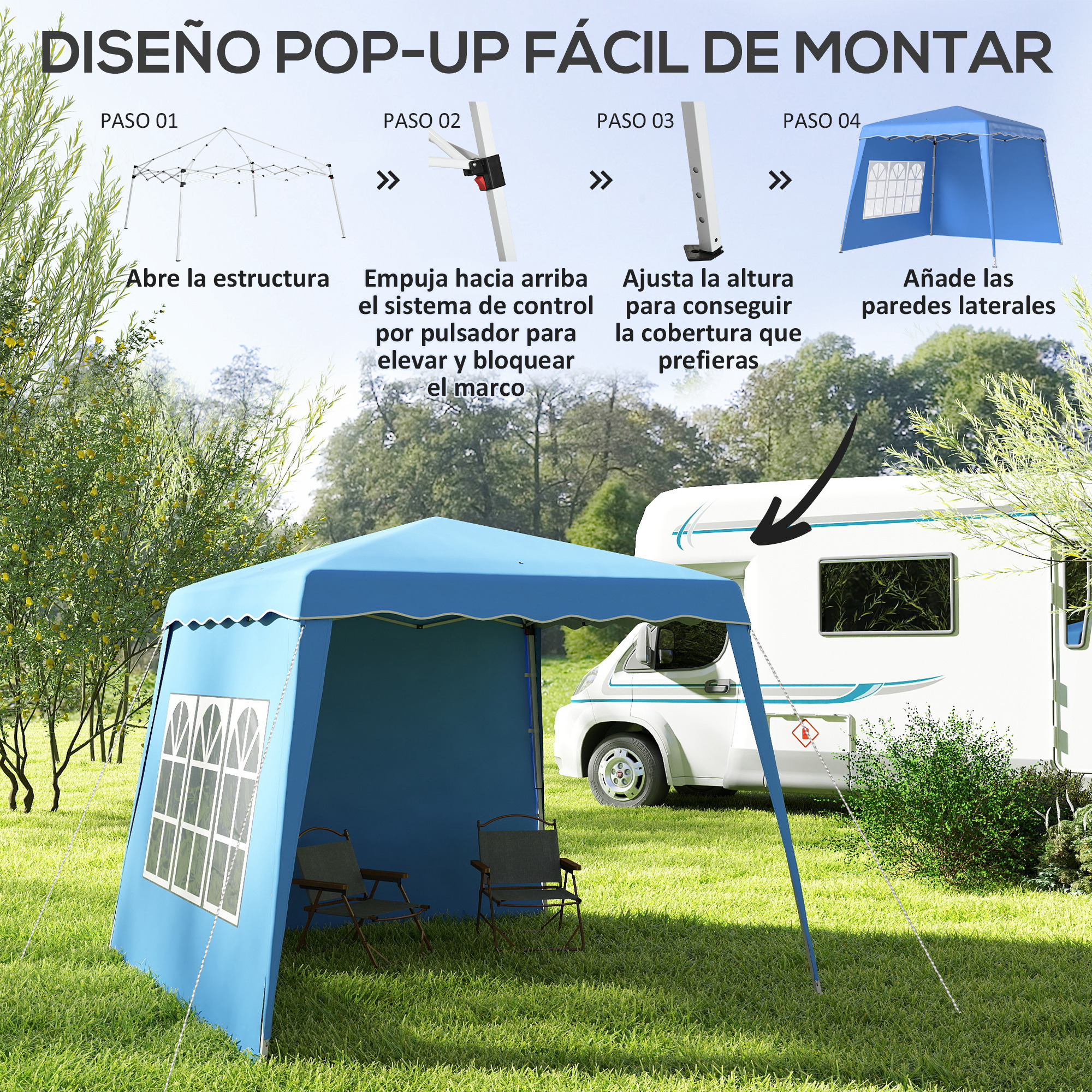 Un toldo plegable azul se monta junto a una caravana en un campo de hierba.