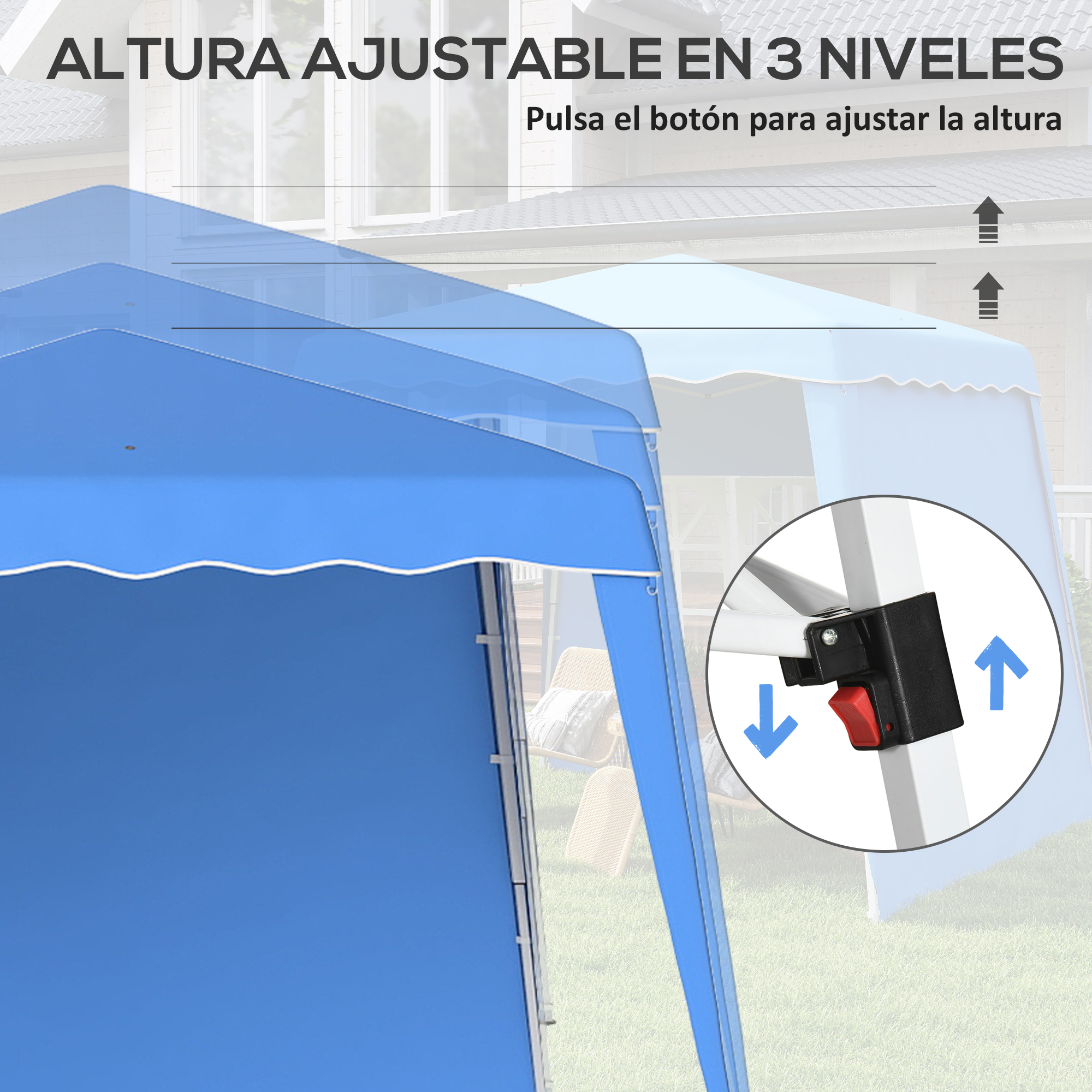 Una carpa azul con altura ajustable, con un botón rojo para ajustar la altura.