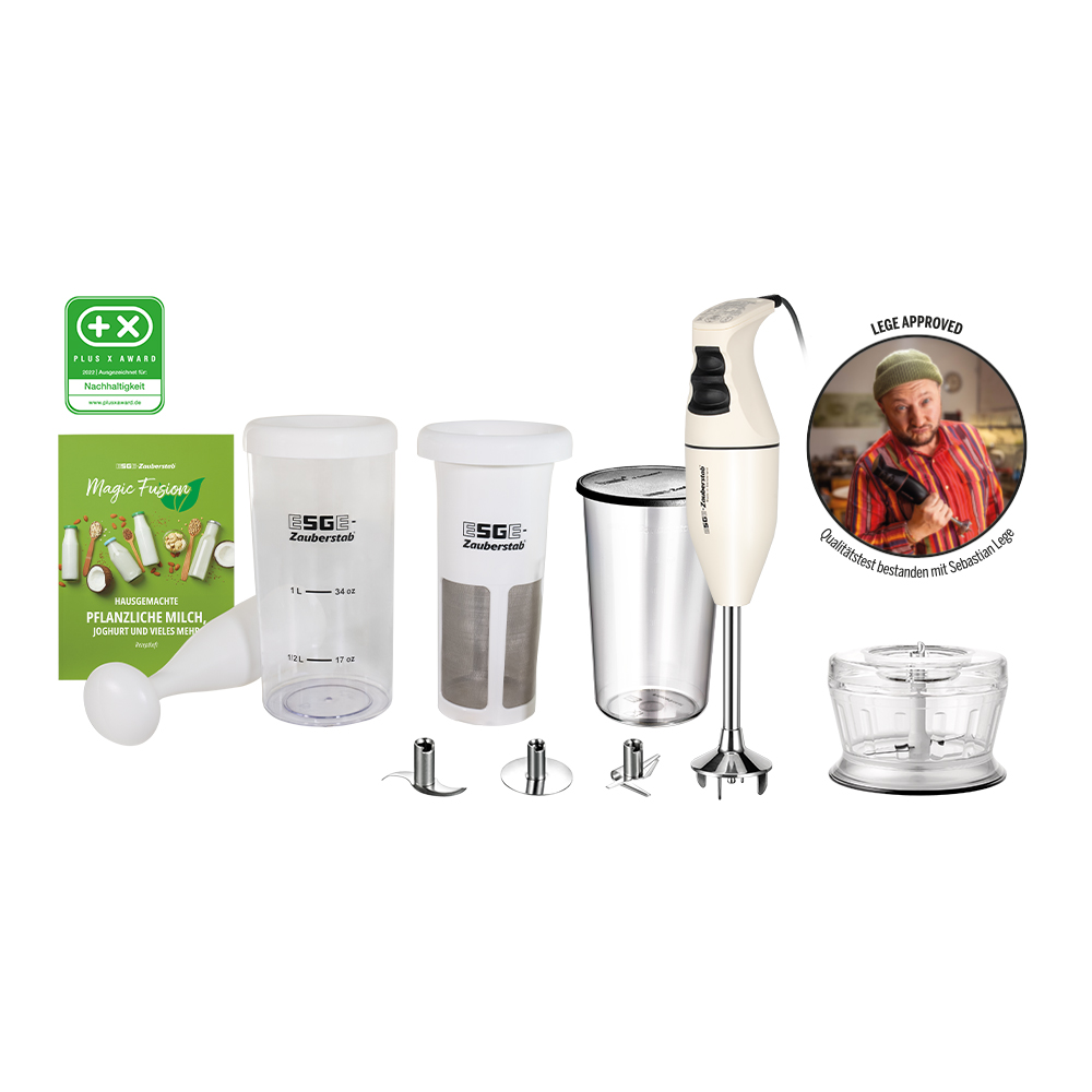 Ein Stabmixer-Set mit Bechern, Messbecher, Chopper und Auszeichnungen.