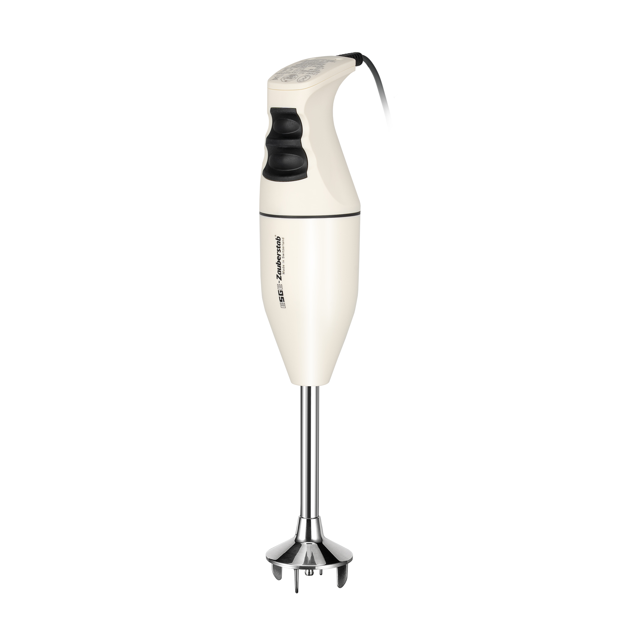 Ein cremefarbener Stabmixer mit schwarzen Knöpfen und silbernem Metallfuß.