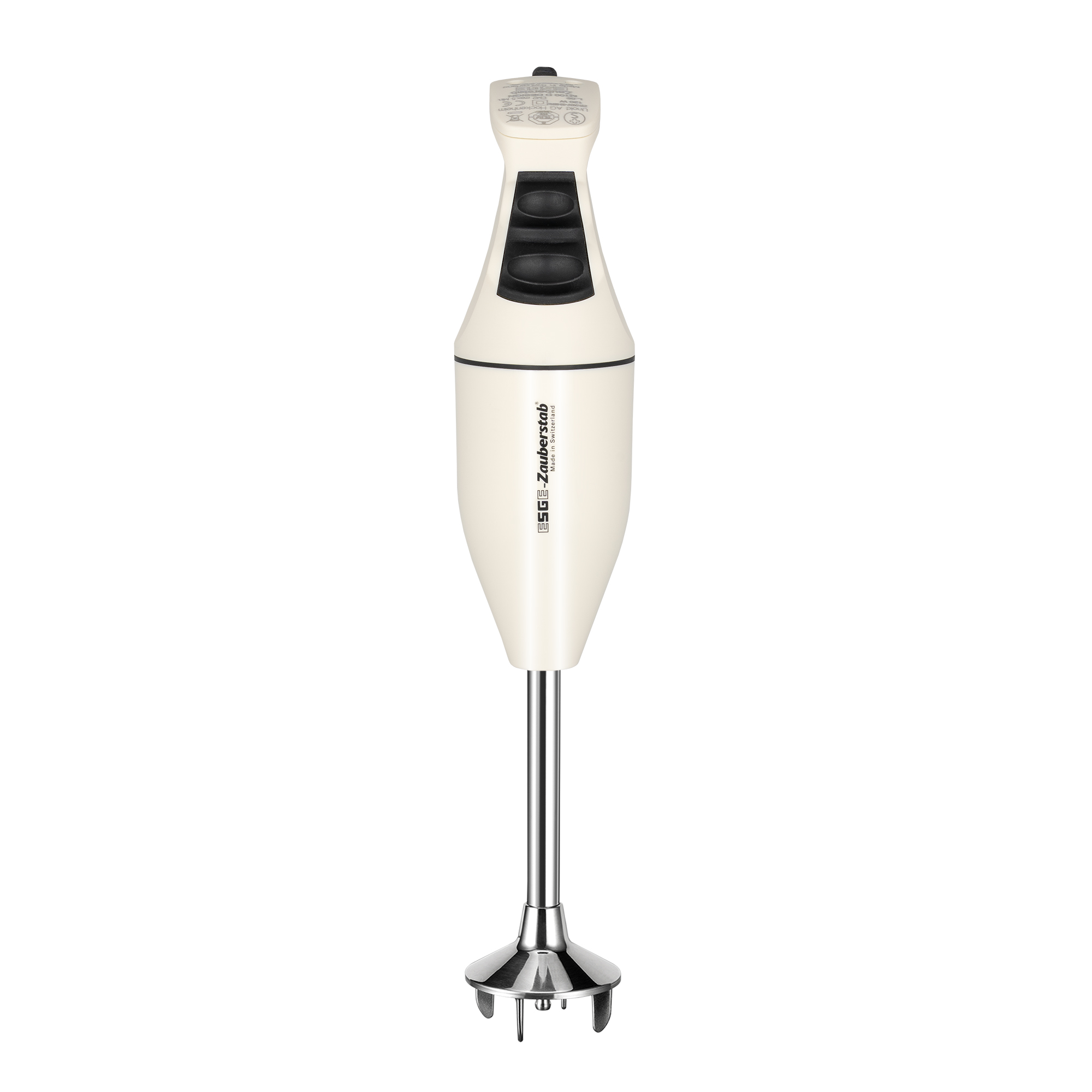 Ein cremefarbener Stabmixer mit silbernem Schaft und Klingen.