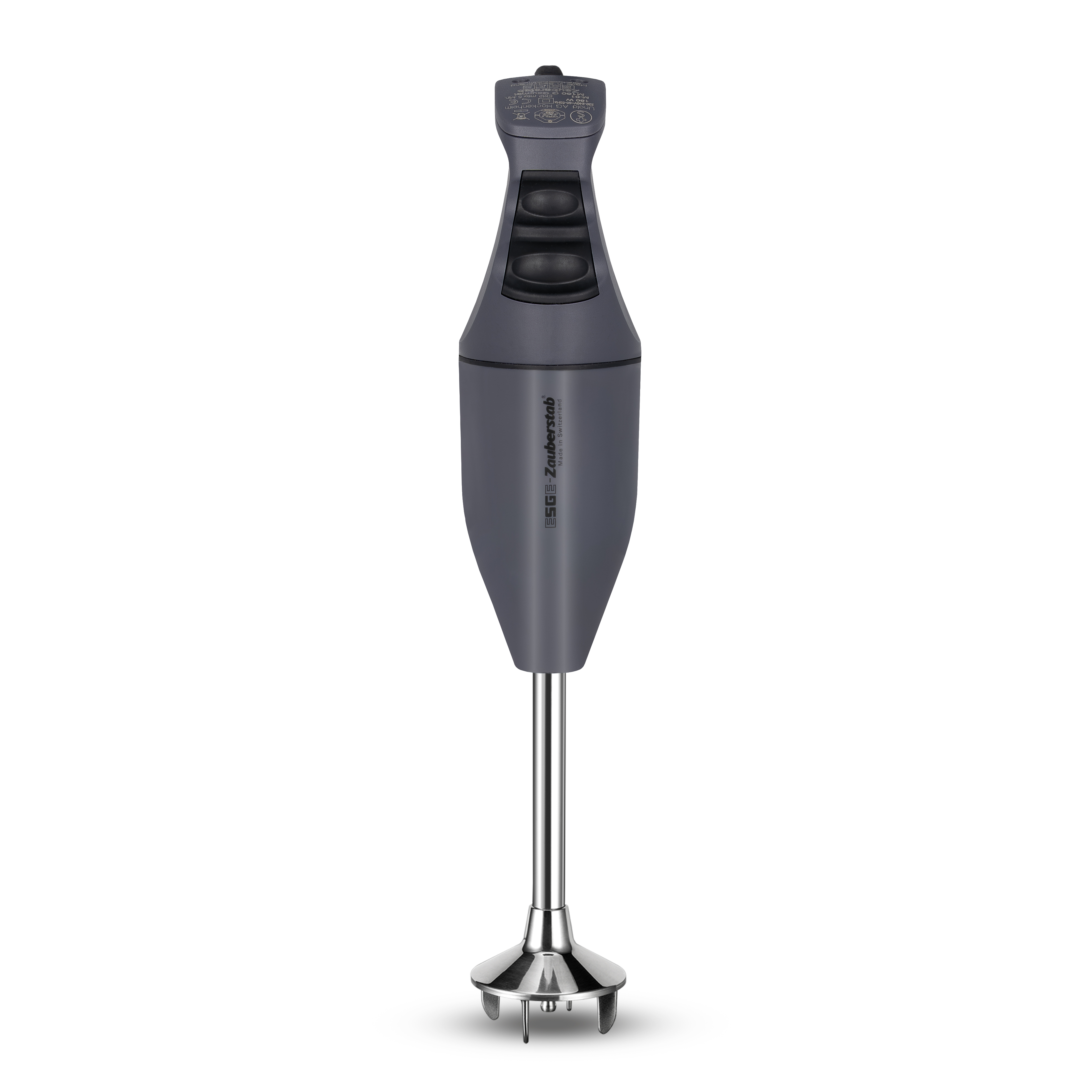 Grauer Stabmixer mit silbernem Schaft und Klingen auf weißem Hintergrund.