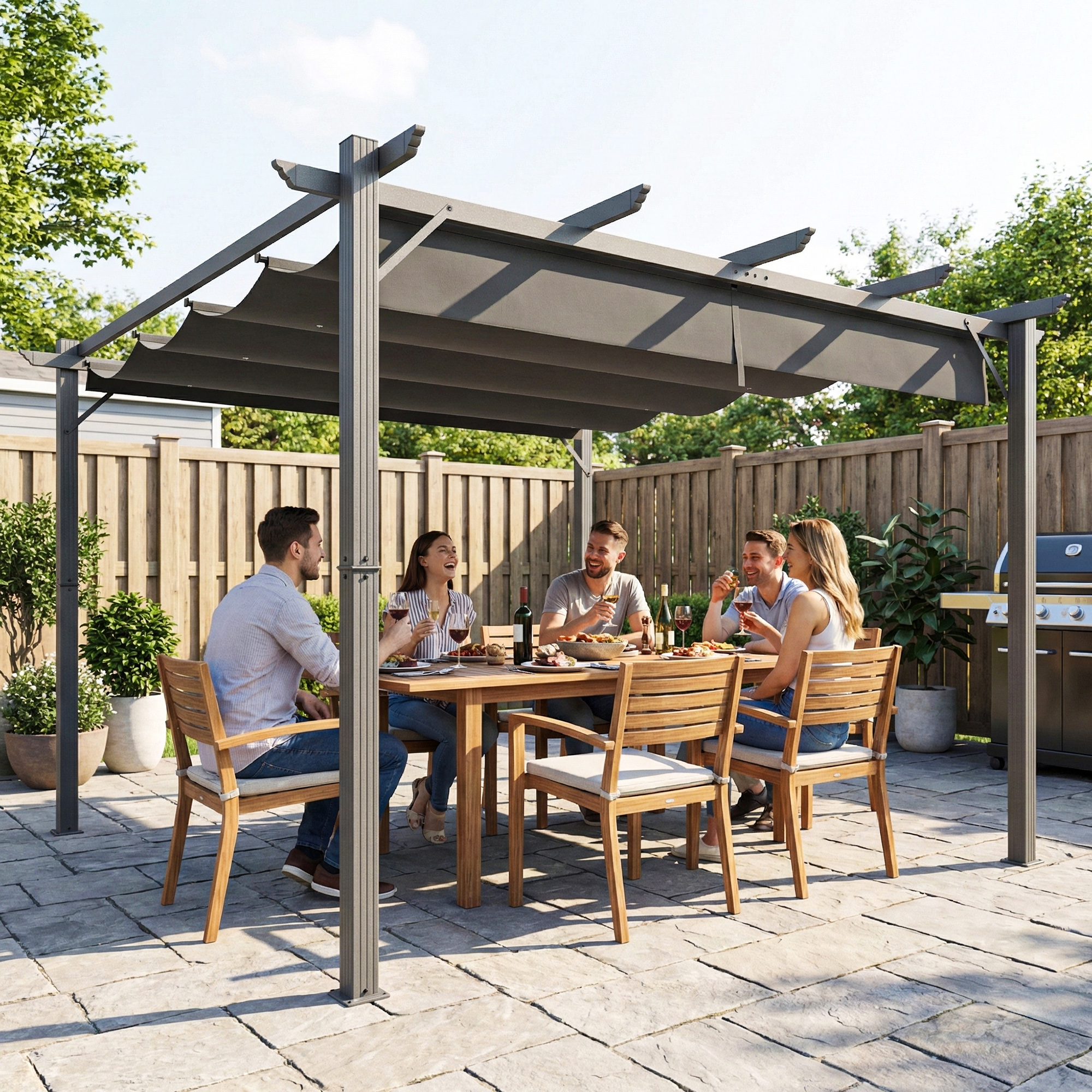Cinco personas cenan al aire libre bajo una pérgola en una mesa de madera con comida y vino.