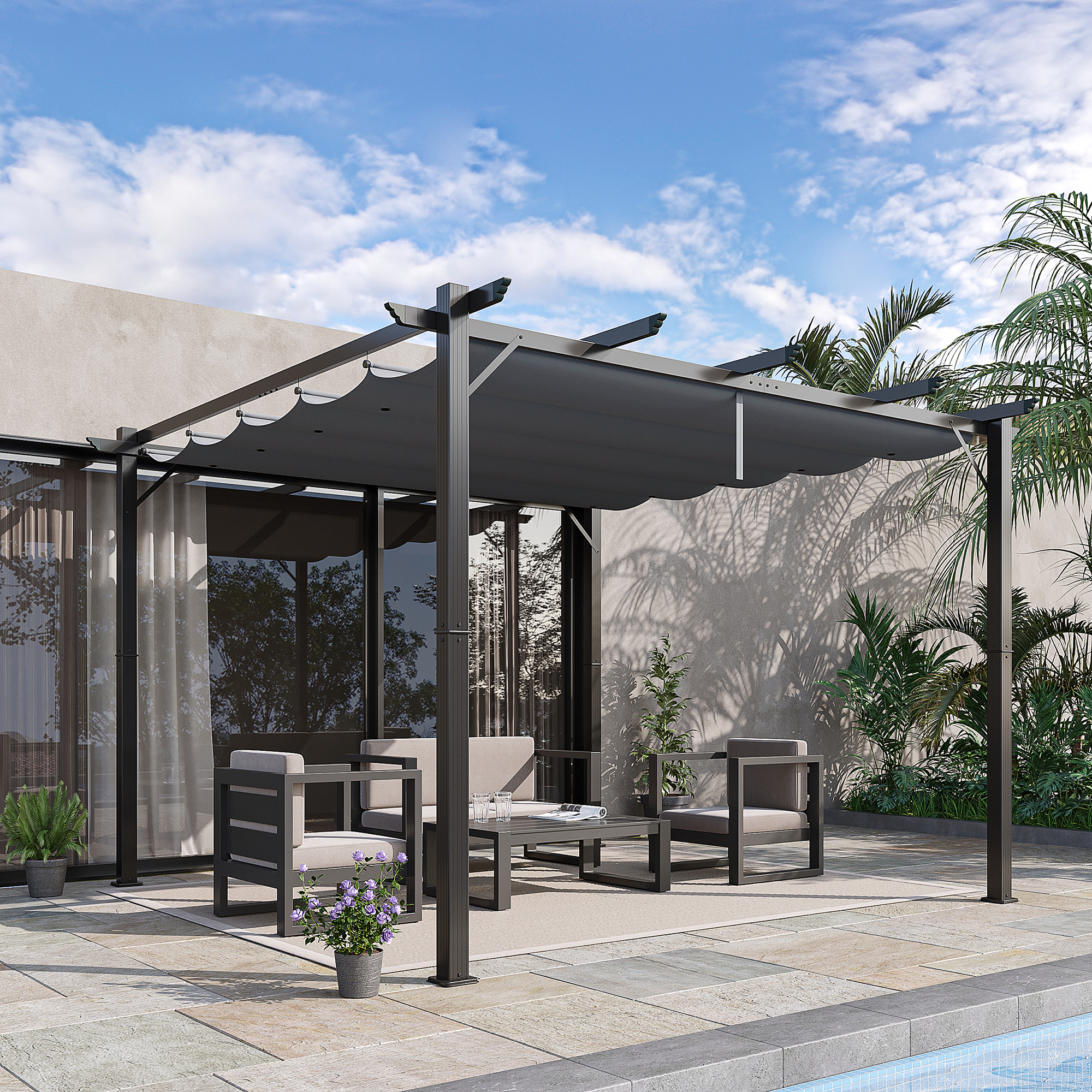 Un moderno cenador exterior con asientos de salón, plantas y piscina.