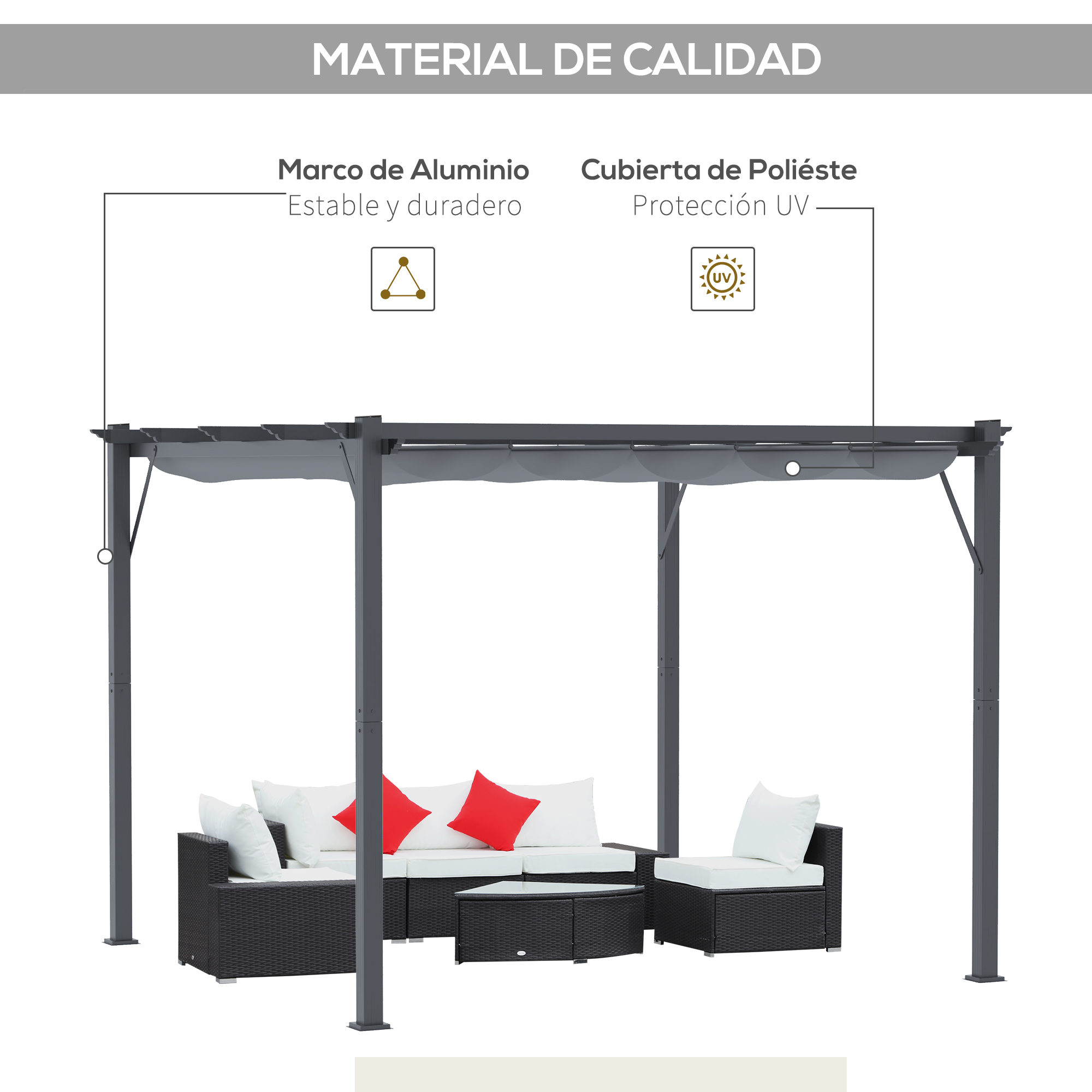 Una pérgola de aluminio gris con toldo retráctil de tela gris. Debajo hay muebles oscuros de mimbre.