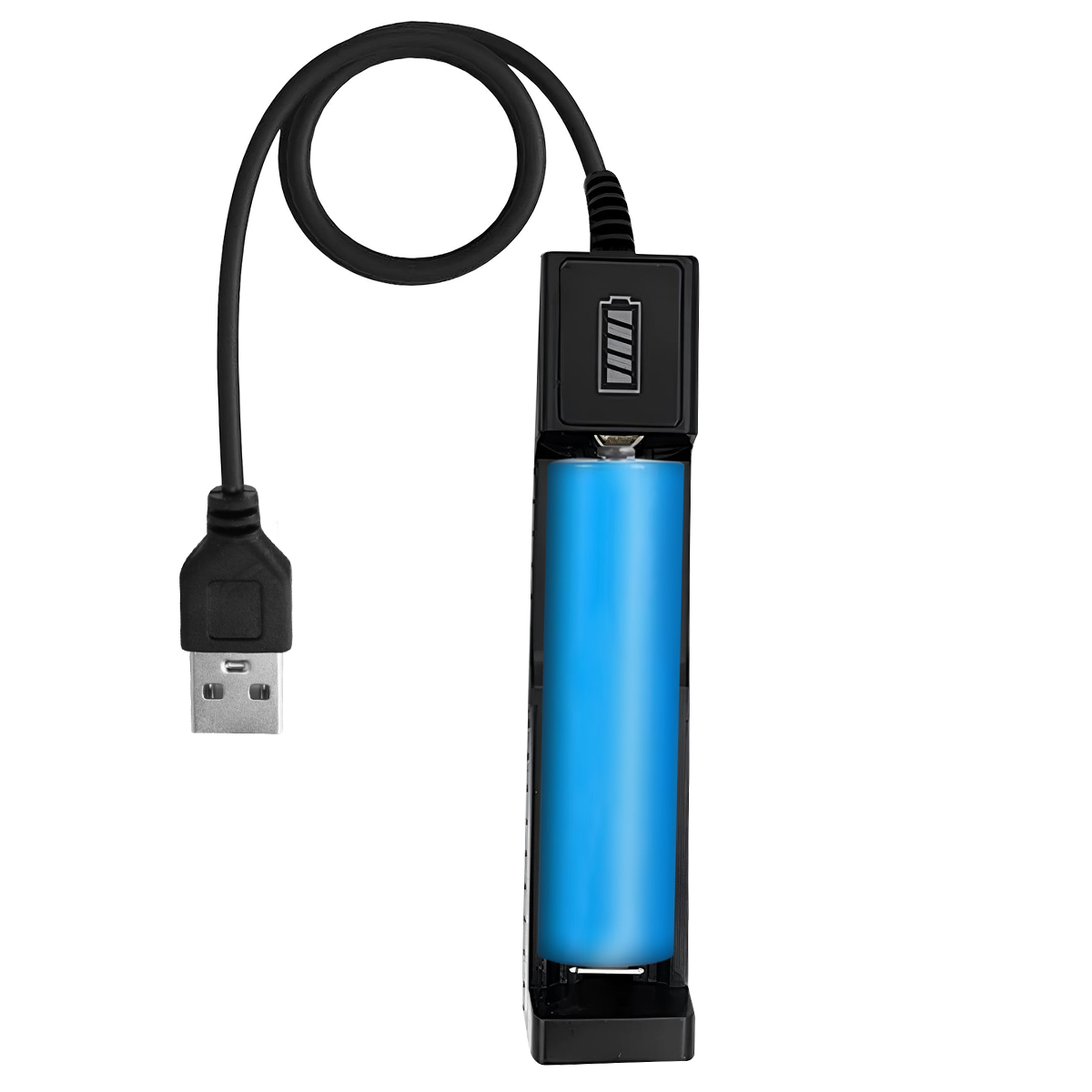 Ein blauer Akku in einem schwarzen Ladegerät mit USB-Kabel.