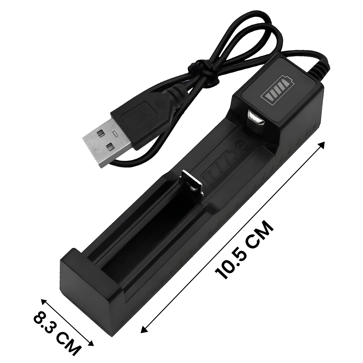 Schwarzes USB-Ladegerät mit Batterieanzeige und Maßen 10,5x8,3 cm.