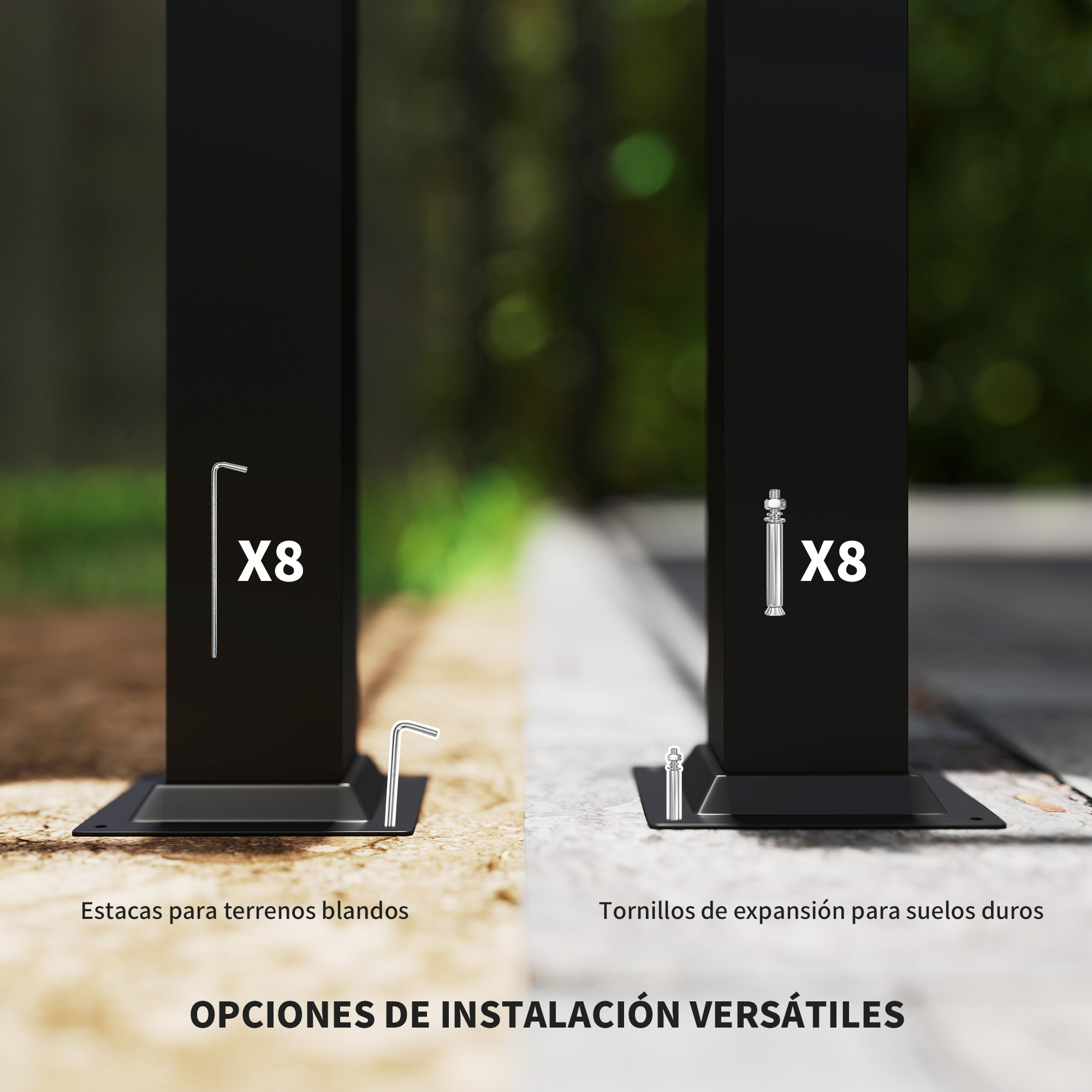 Dos postes negros muestran opciones de instalación: estacas para suelo blando, tornillos de expansión.