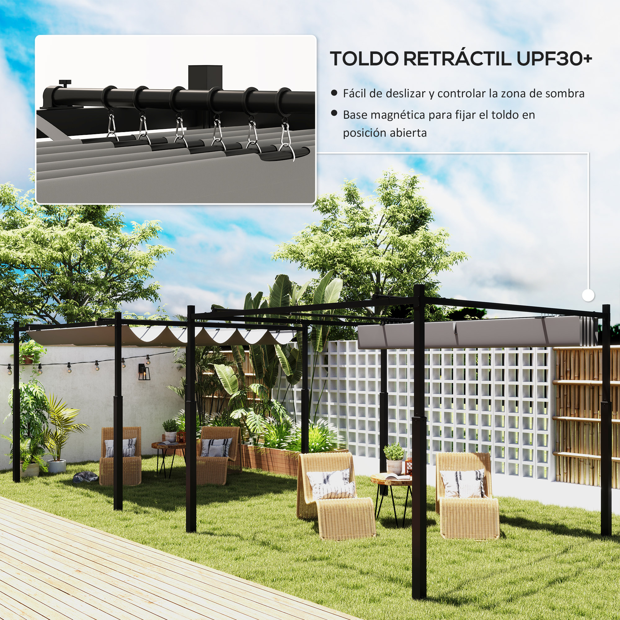 Una escena de jardín con una pérgola, dos sillas y plantas.