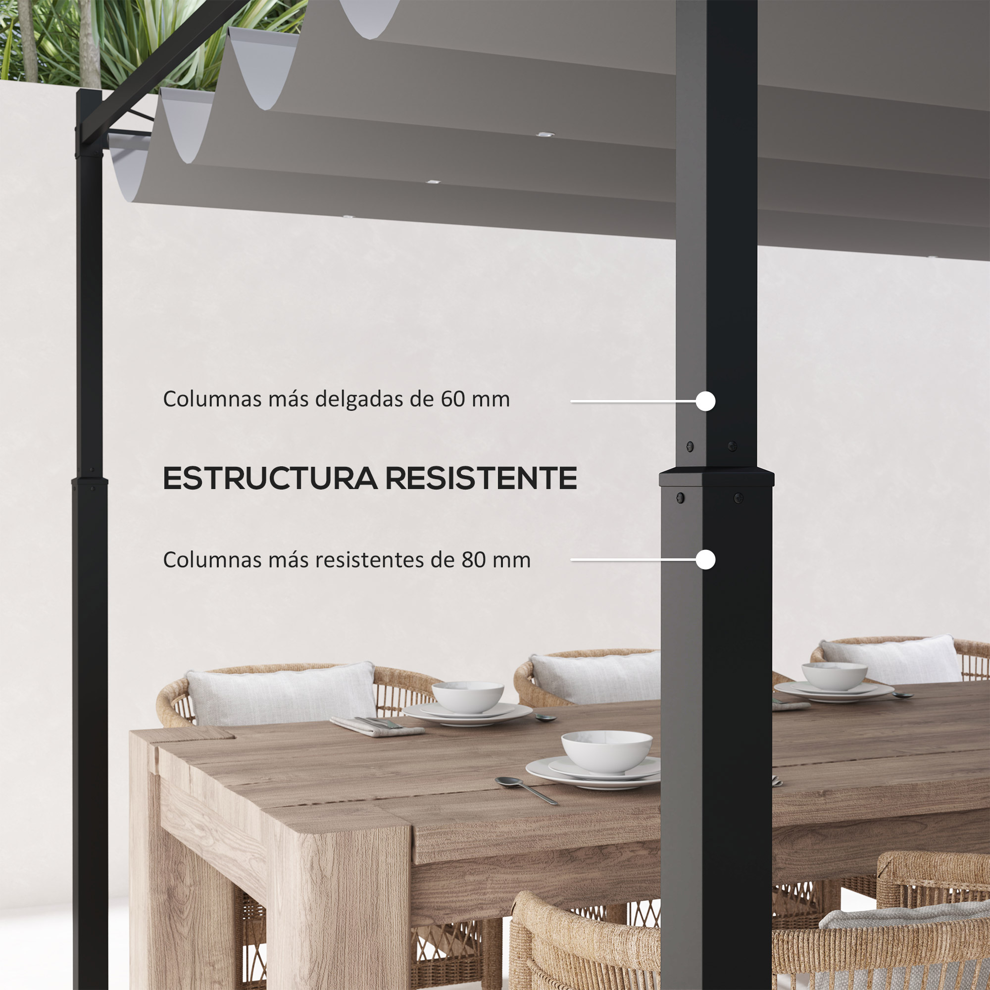 Una mesa con sillas bajo un techo de pérgola gris. Columnas negras soportan el techo.