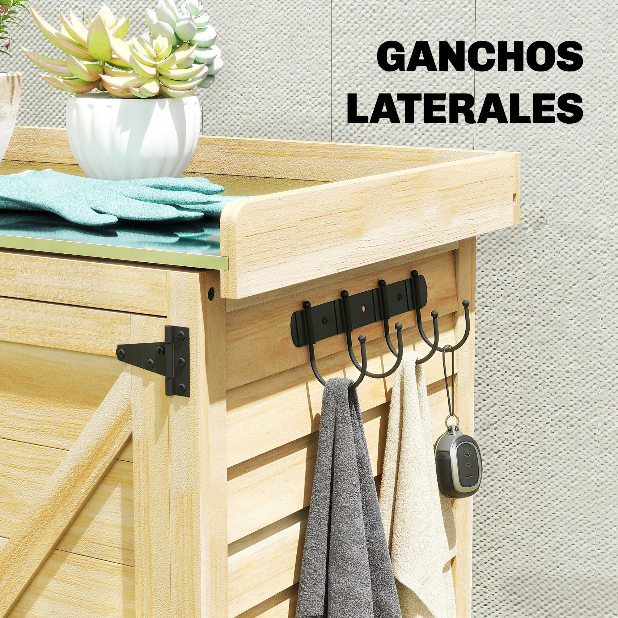 Armario de madera con ganchos, toallas y llavero colgados. Suculentas arriba.