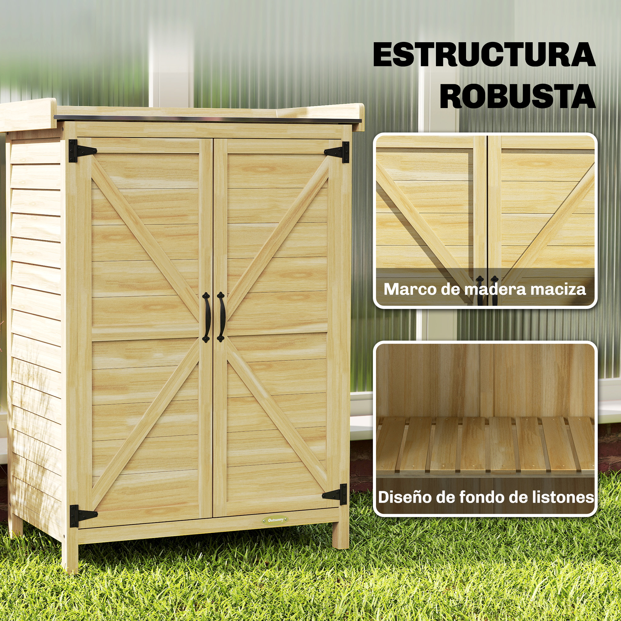 Caseta de madera con doble puerta, asas negras, sobre césped verde.