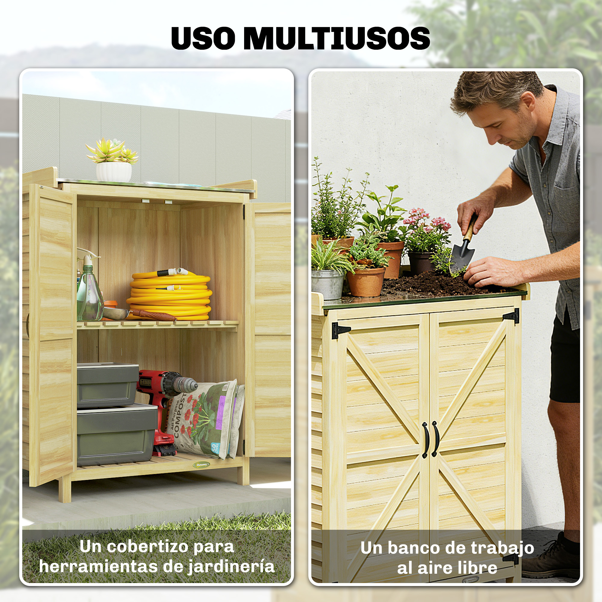 Armario de madera con herramientas y un hombre trasplantando plantas.