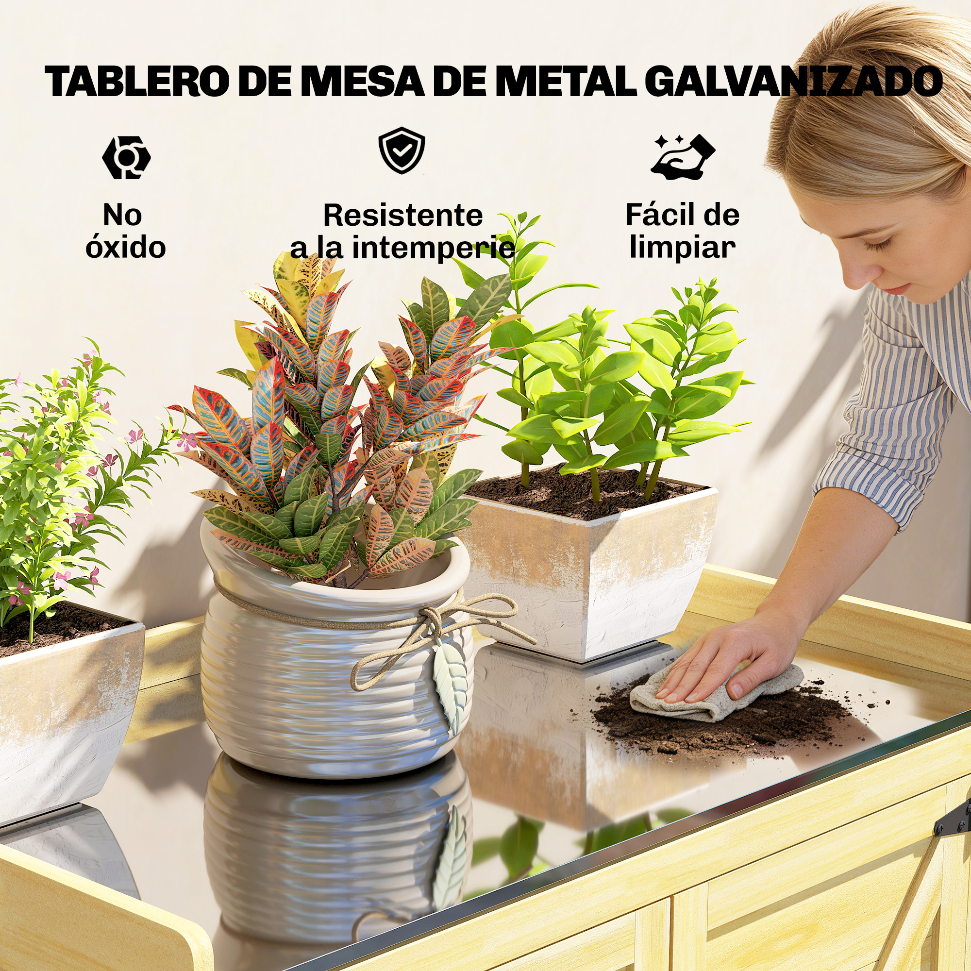 Mujer limpiando una mesa de metal galvanizado con plantas en macetas al lado.