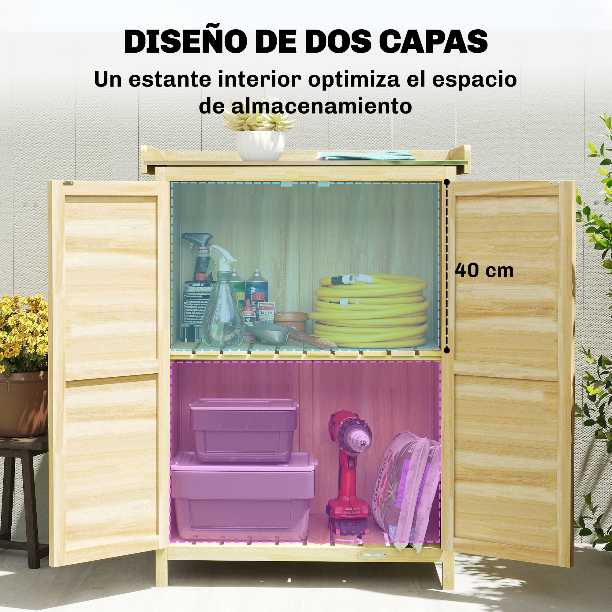 Un armario de madera con dos estantes, con herramientas de jardín y cajas.