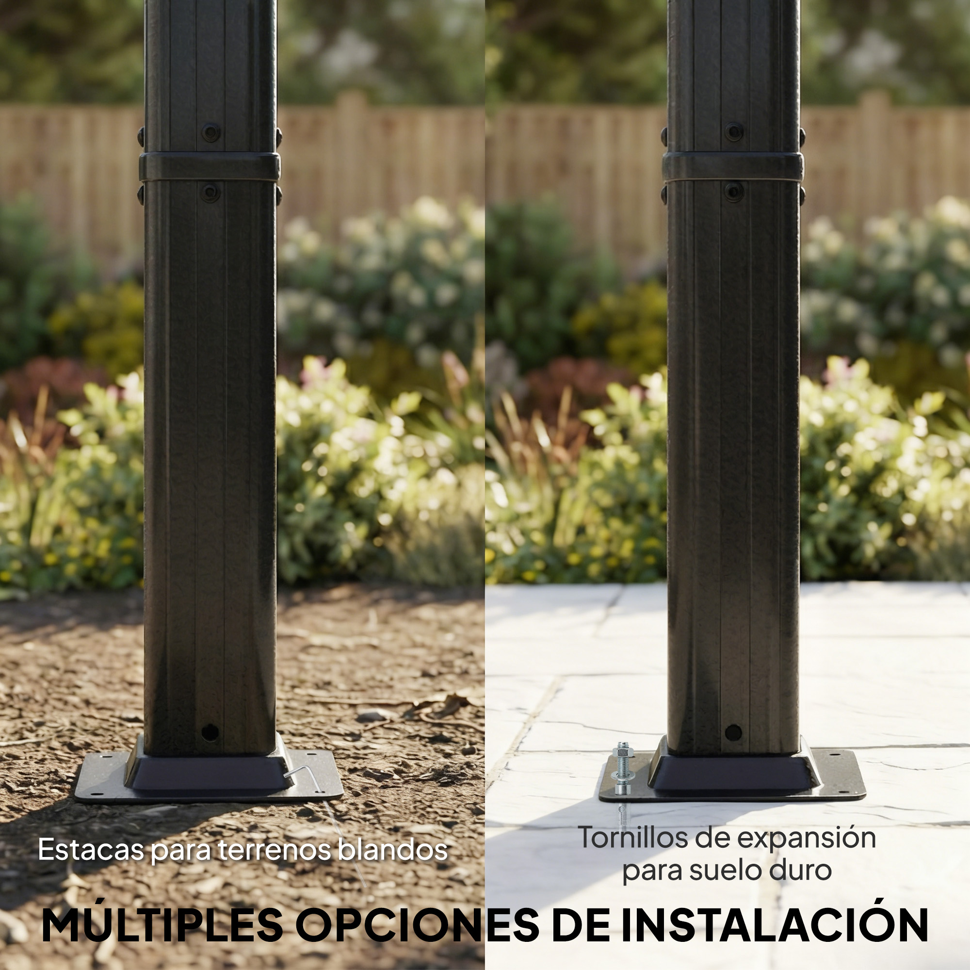 Dos opciones de montaje para postes negros: estacas y tornillos de expansión.