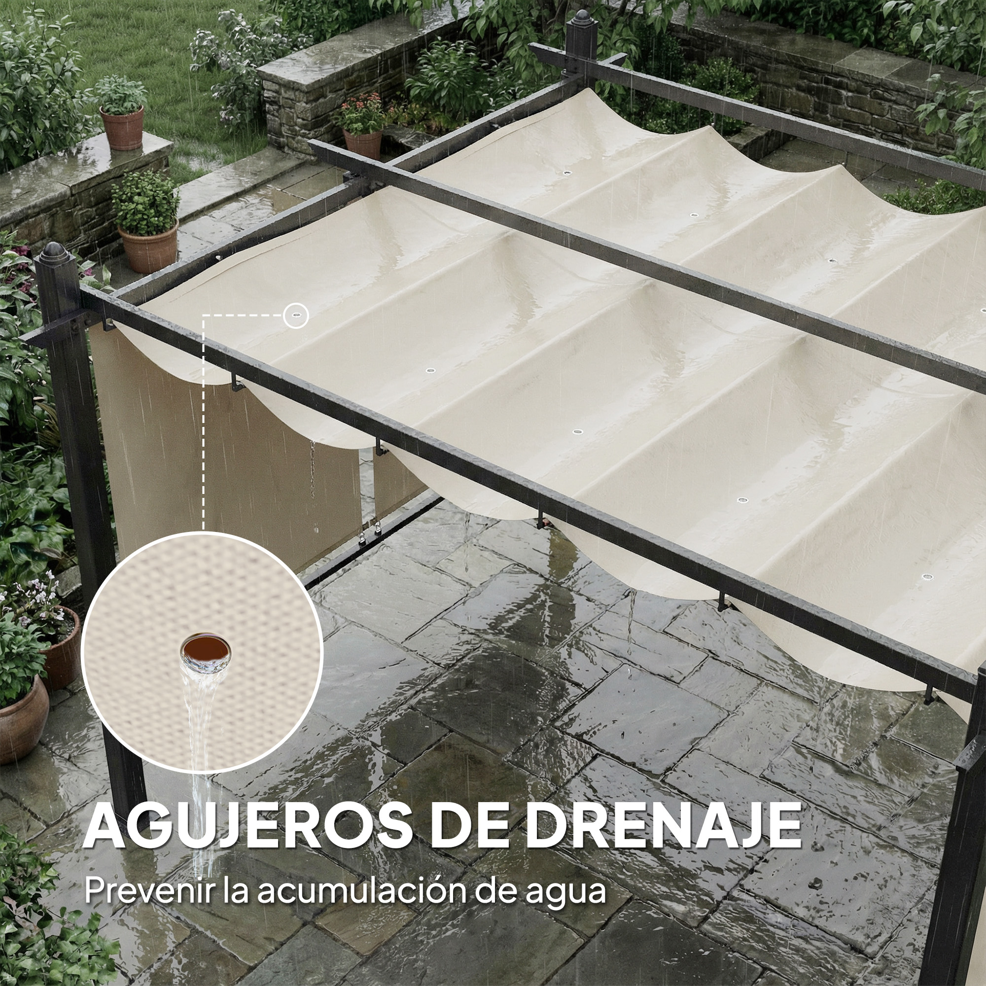 Un toldo beige con agujeros de drenaje bajo la lluvia.