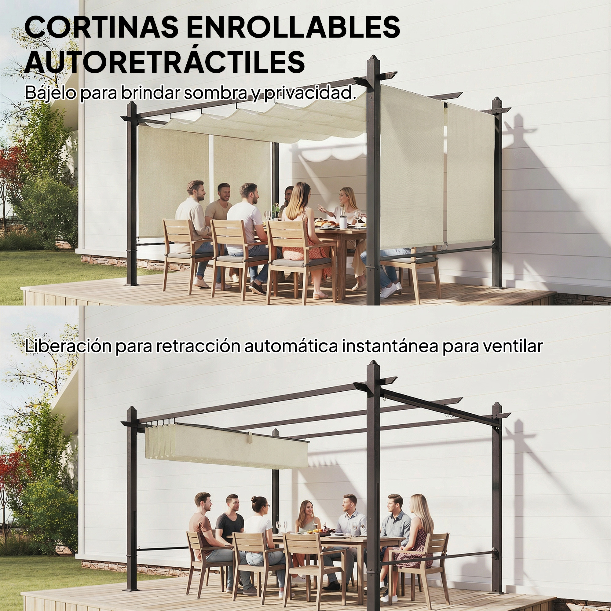 Personas sentadas en una mesa de madera bajo una pérgola con cortinas retráctiles.