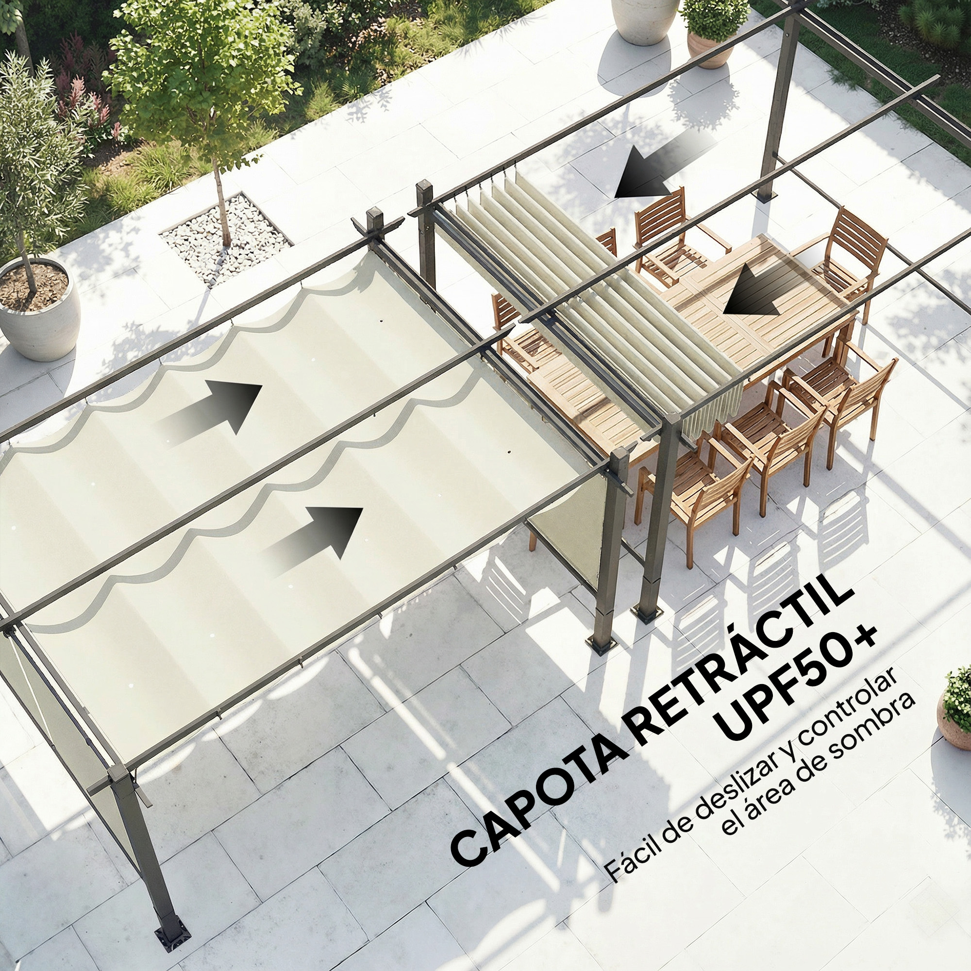 Pérgola con toldo retráctil sobre mesa y sillas de comedor.