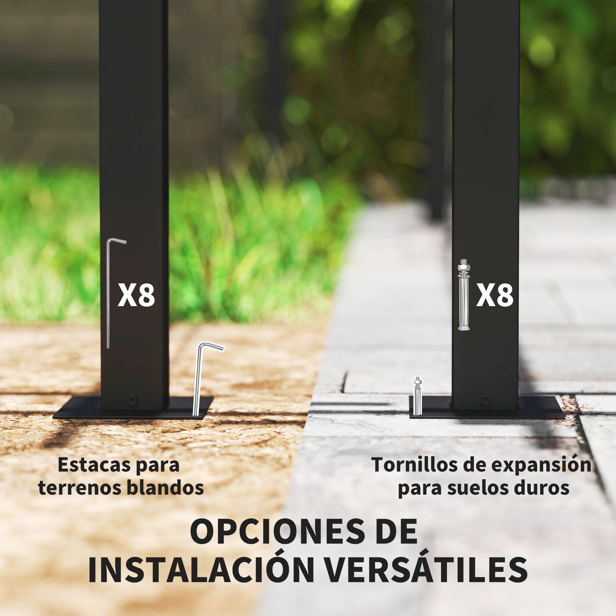 Postes negros con dos opciones de instalación: estacas para suelo blando y tornillos de expansión.