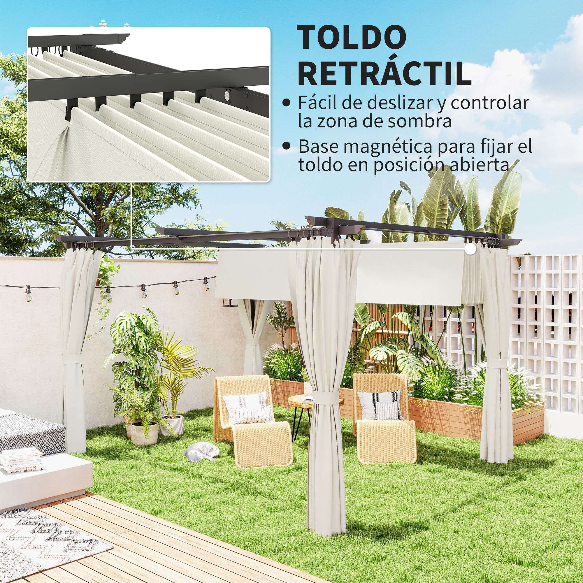 Un toldo retráctil con cortinas blancas sobre muebles de patio exteriores.