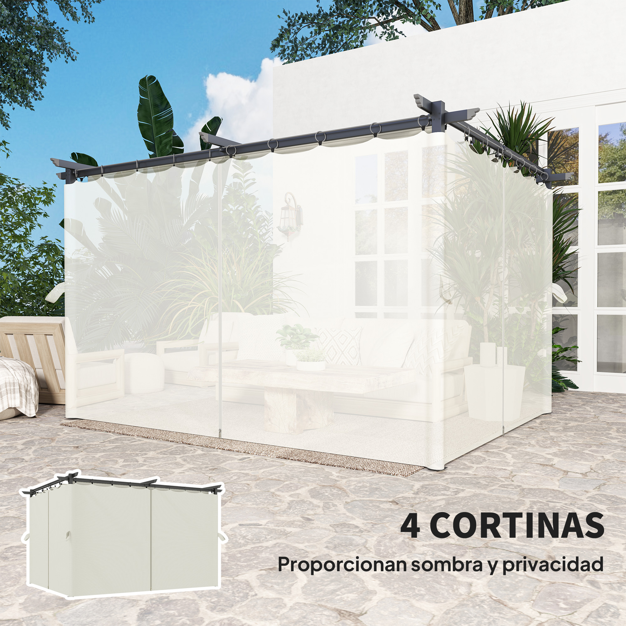 Pérgola con cortinas blancas, muebles de salón y plantas sobre suelo de piedra.
