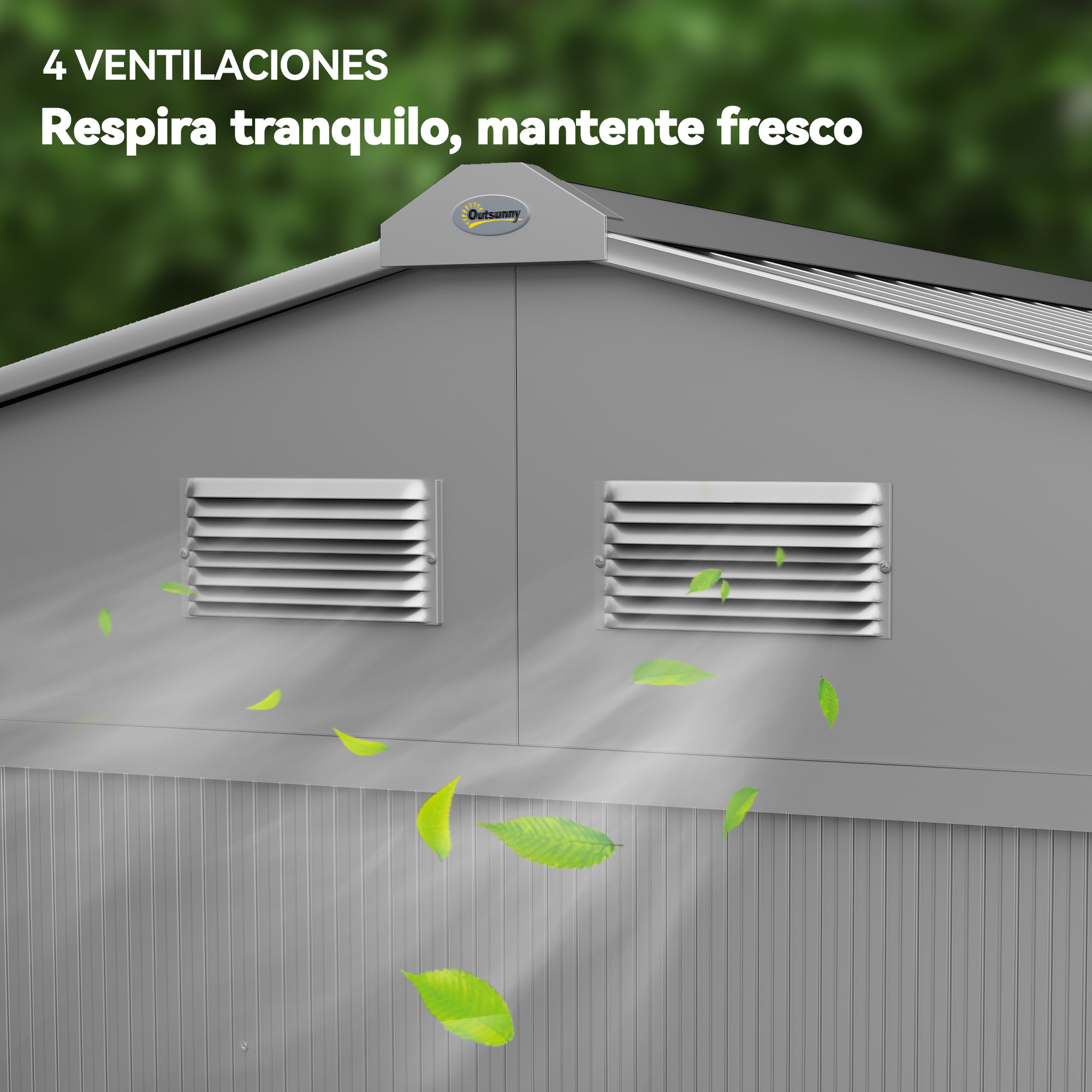 Techo gris de cobertizo con rejillas de ventilación y hojas verdes volando.