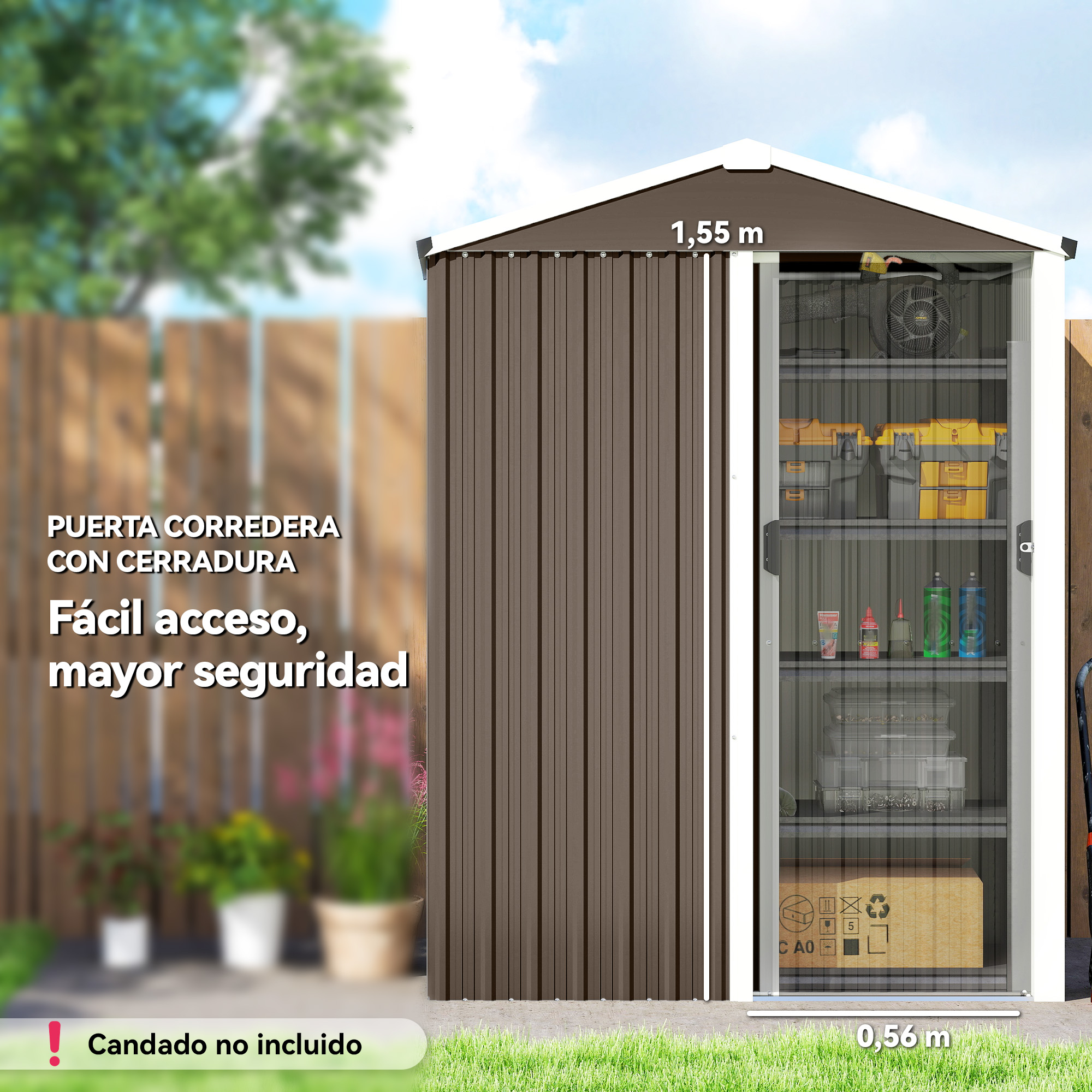 Puerta de cobertizo marrón con estantes, herramientas, cajas. 1.55m alto.