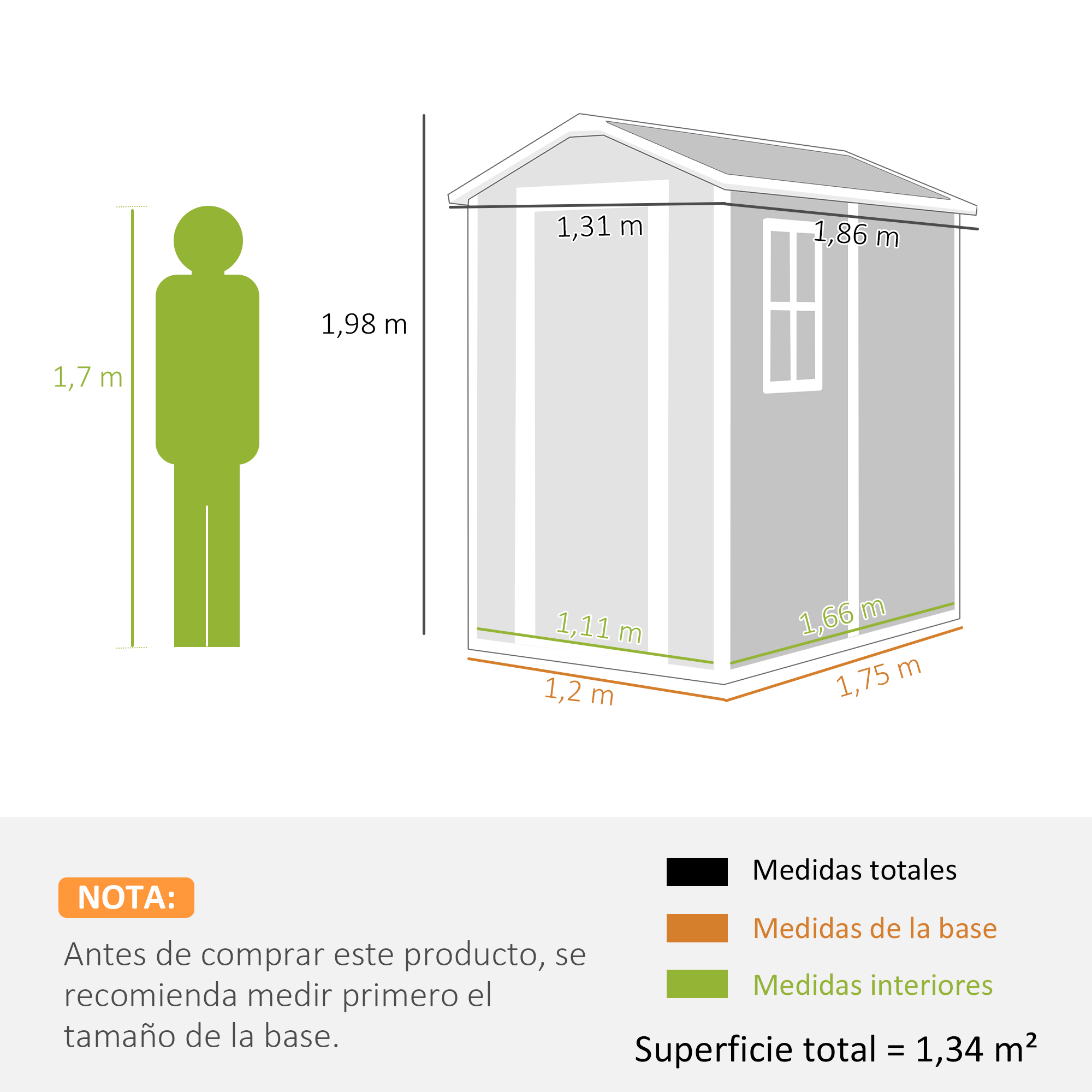 Ilustración que muestra las dimensiones de un cobertizo y una figura. Superficie total 1,34 m².