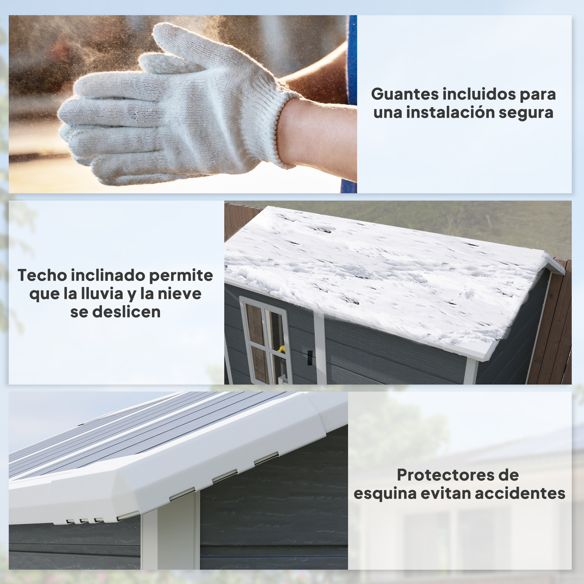Cobertizo gris con nieve en el techo, primer plano del borde del techo y guantes.