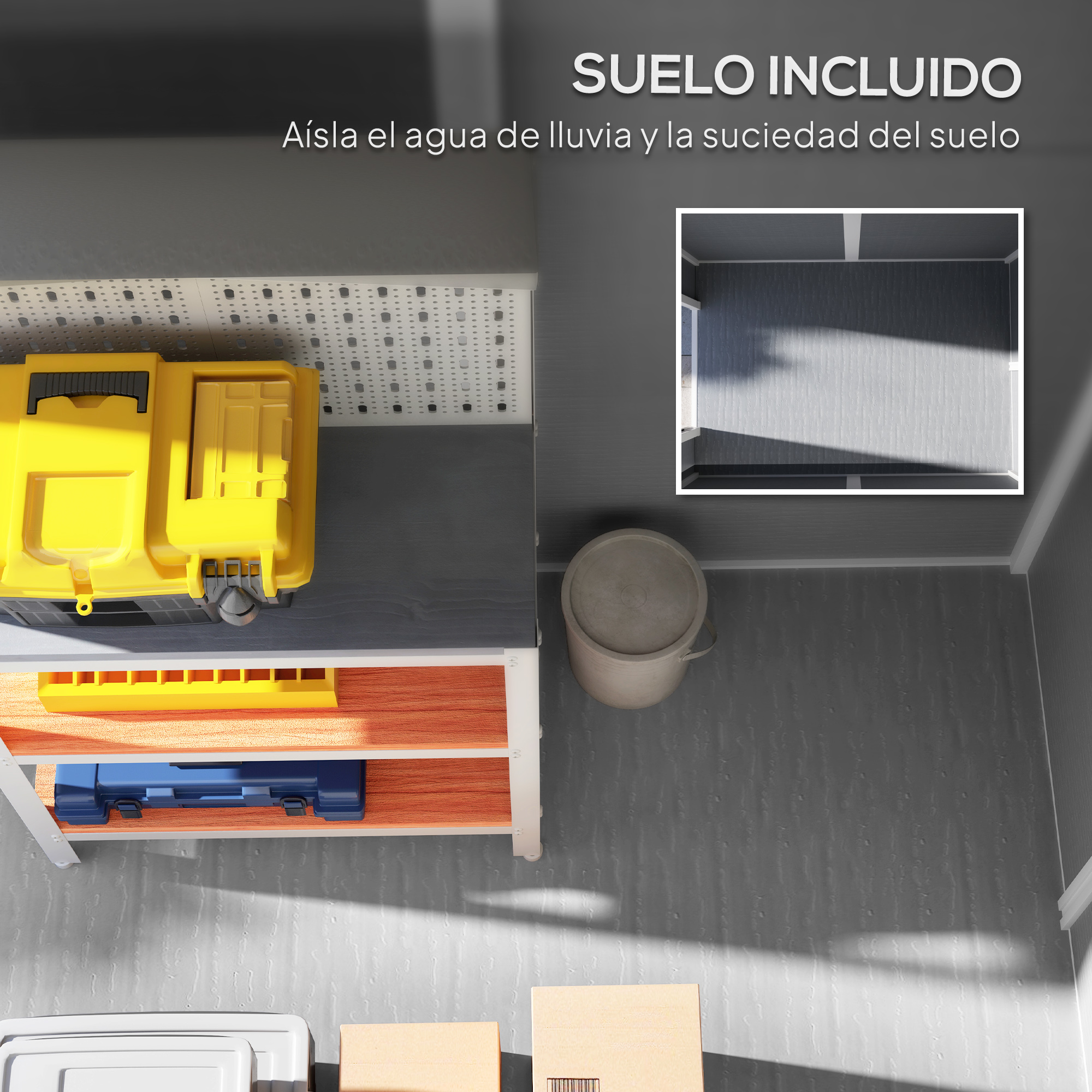 Una caja de herramientas amarilla en un estante, junto a un cubo. Suelo embaldosado.