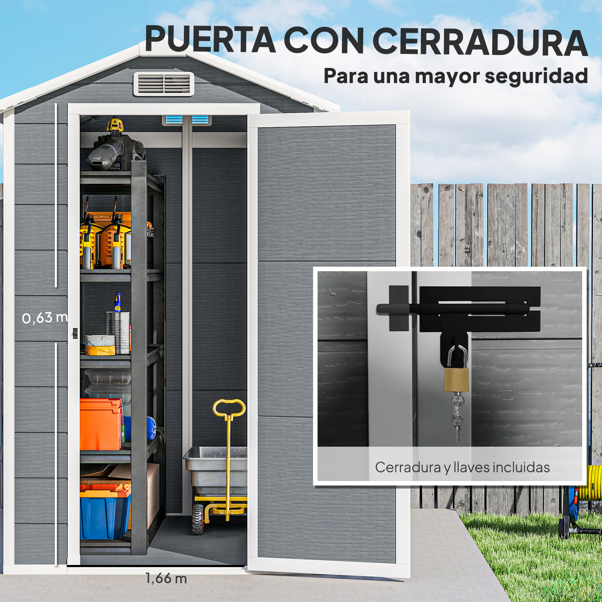 Cobertizo gris con puerta abierta, estantes, herramientas y candado.