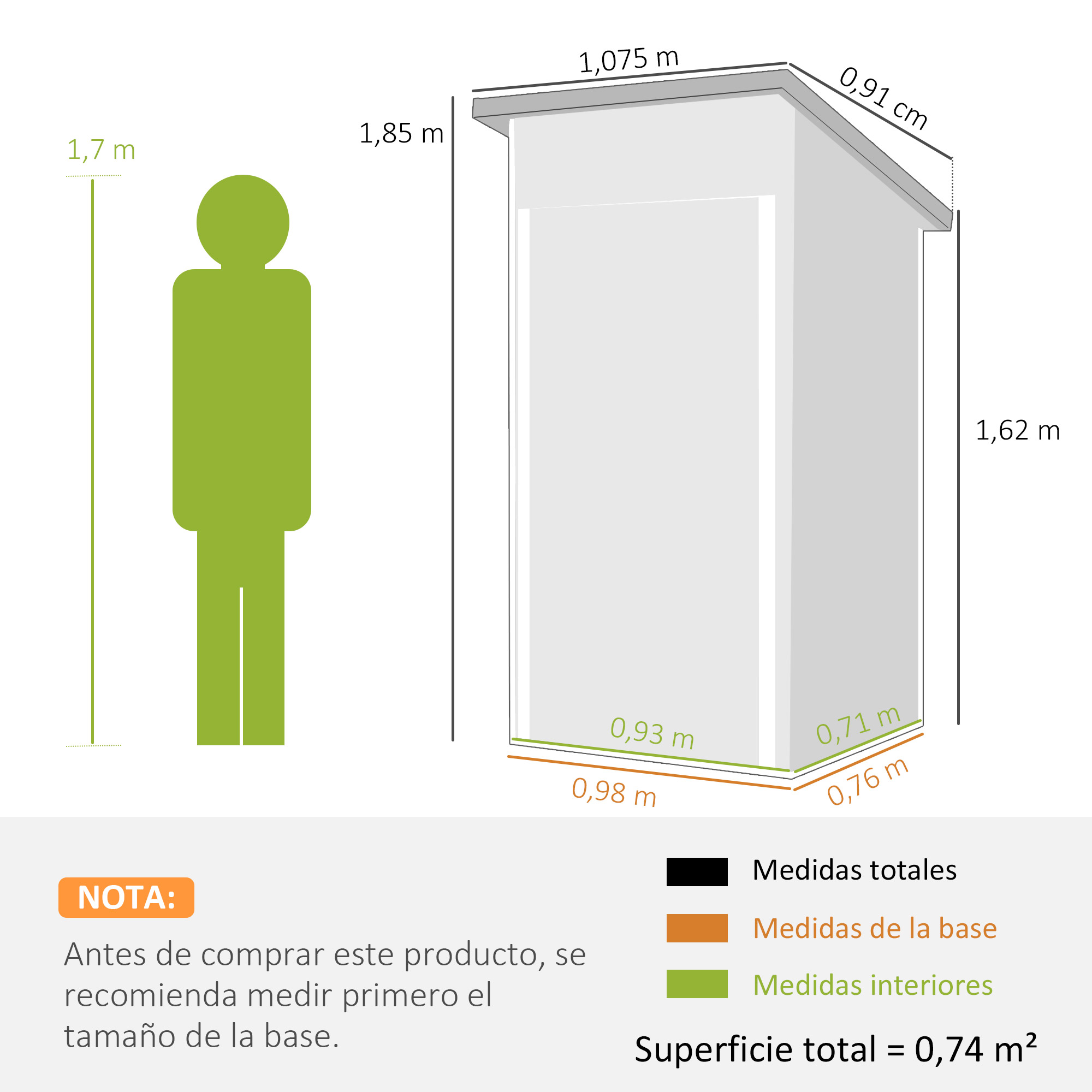 Ilustración de un armario con dimensiones y una figura humana para comparar tamaño.