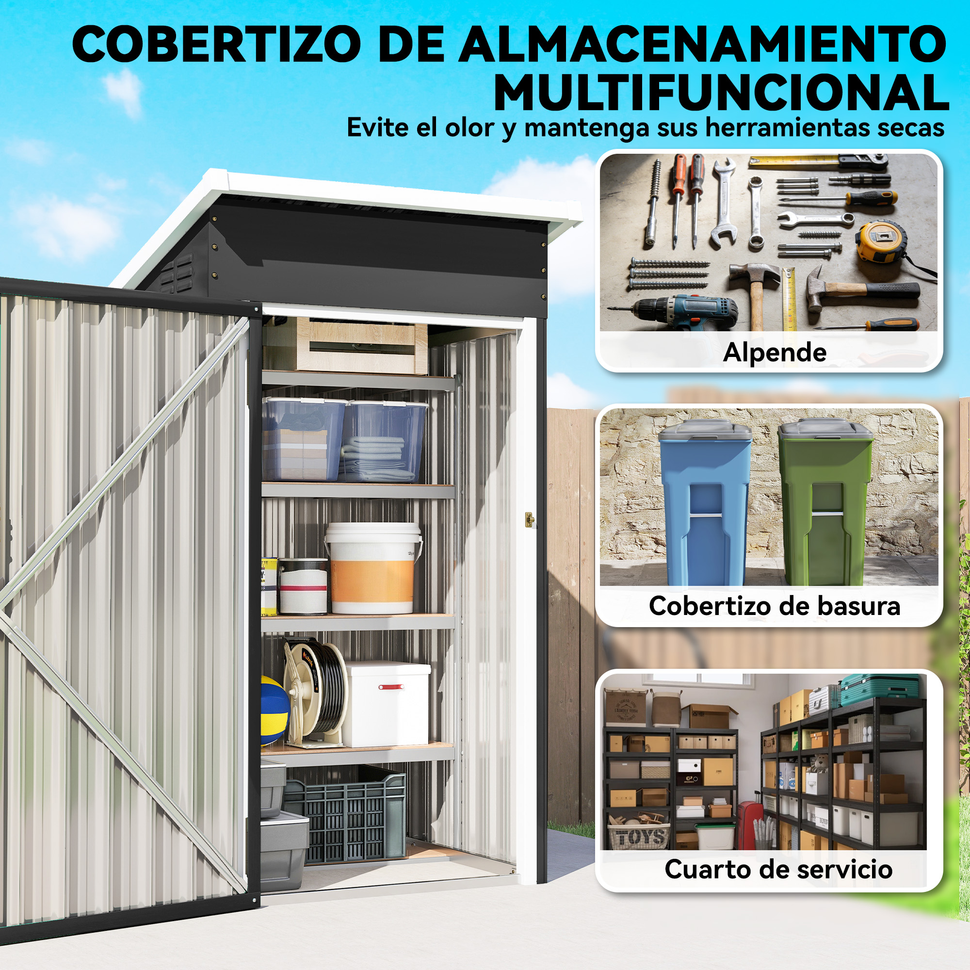 Un cobertizo de almacenamiento abierto con herramientas, cubos de basura y cuarto de servicio.