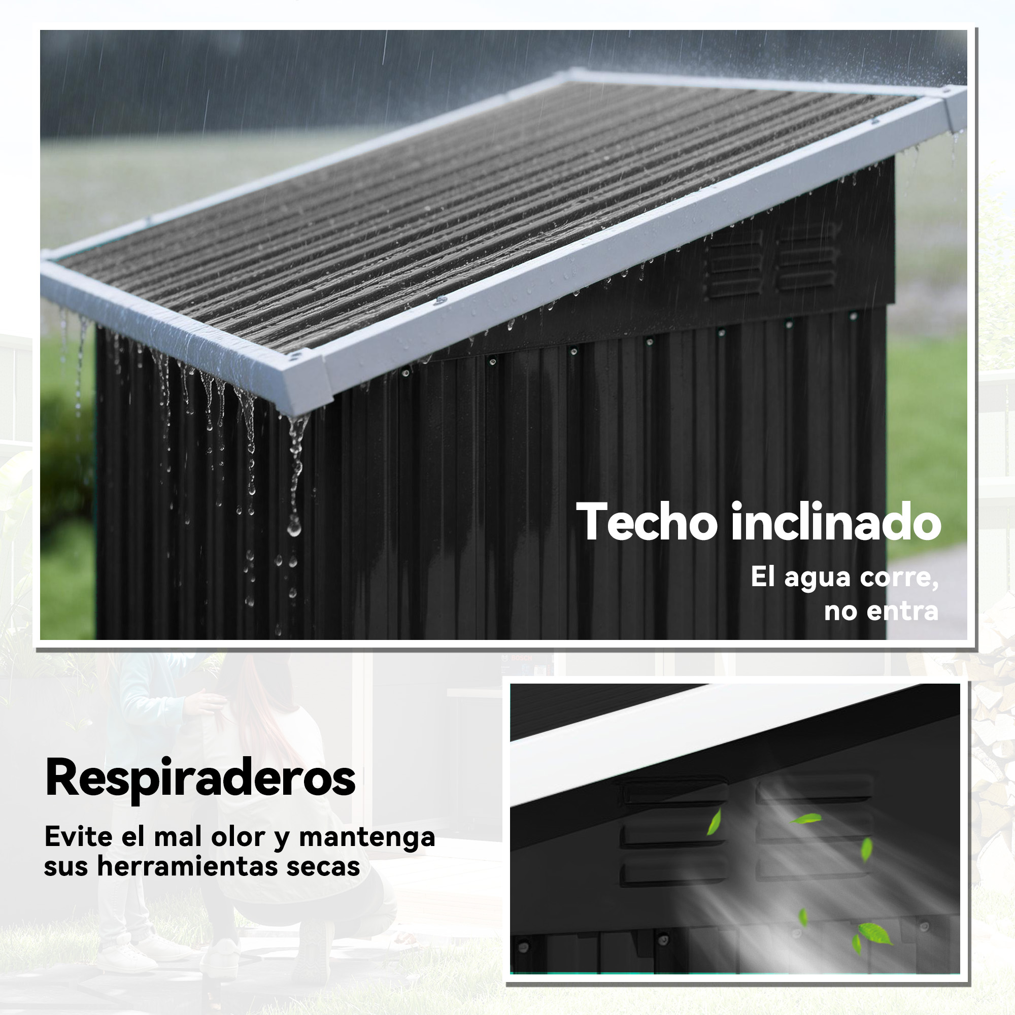 Cobertizo negro bajo la lluvia, con techo inclinado y ventilación.