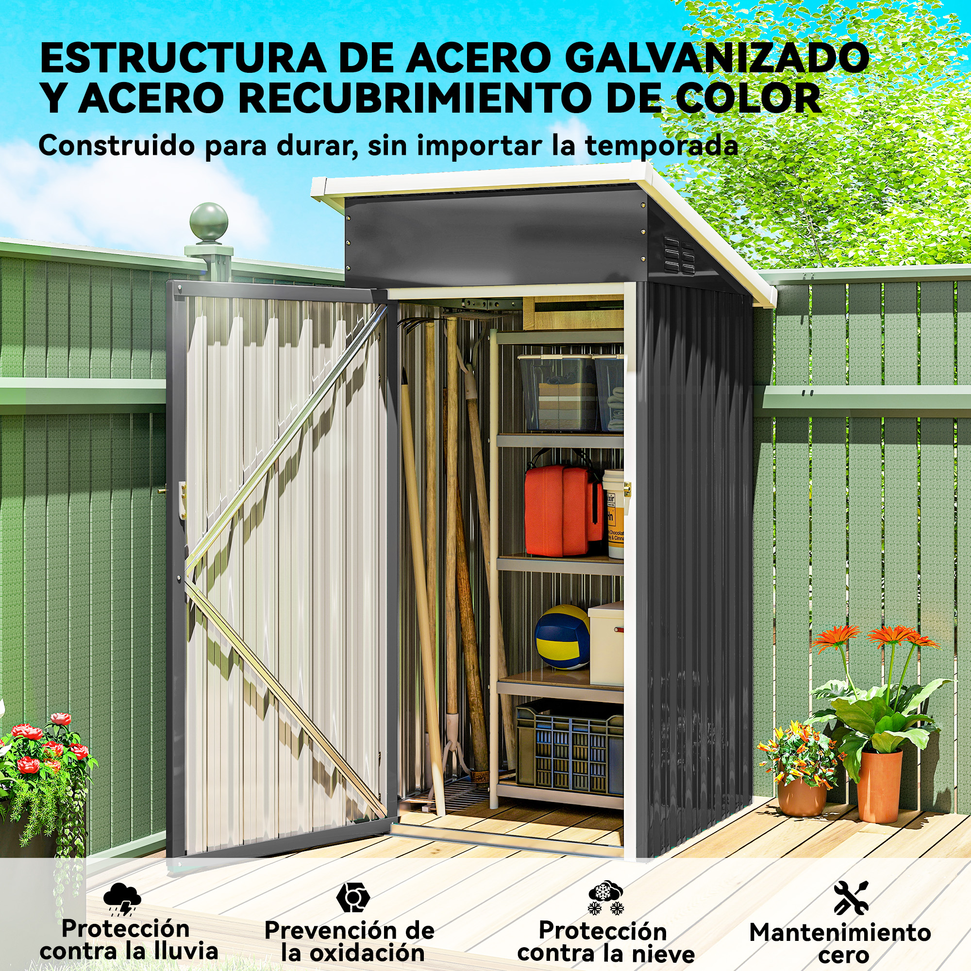 Un cobertizo de jardín abierto con herramientas y cubos, al aire libre.