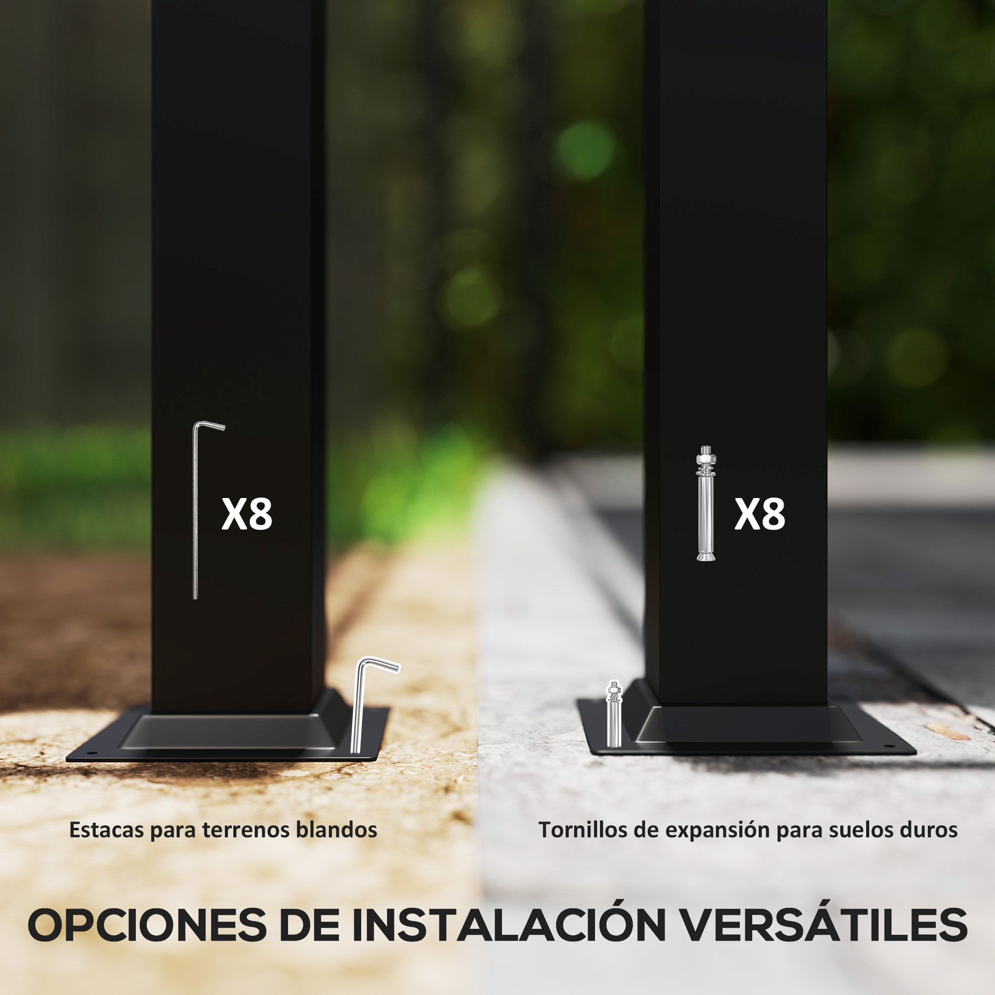 Dos postes negros muestran opciones de instalación: estacas para suelo blando y tornillos de expansión.