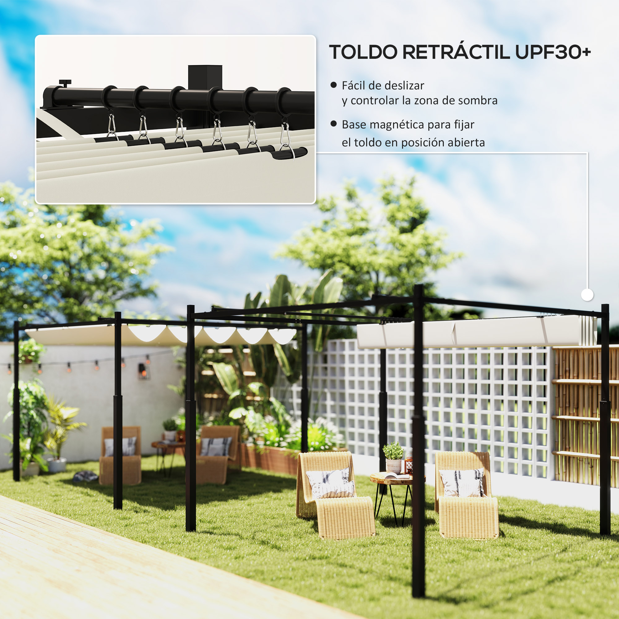 Un toldo retráctil con dos sillas y mesas en un césped verde.