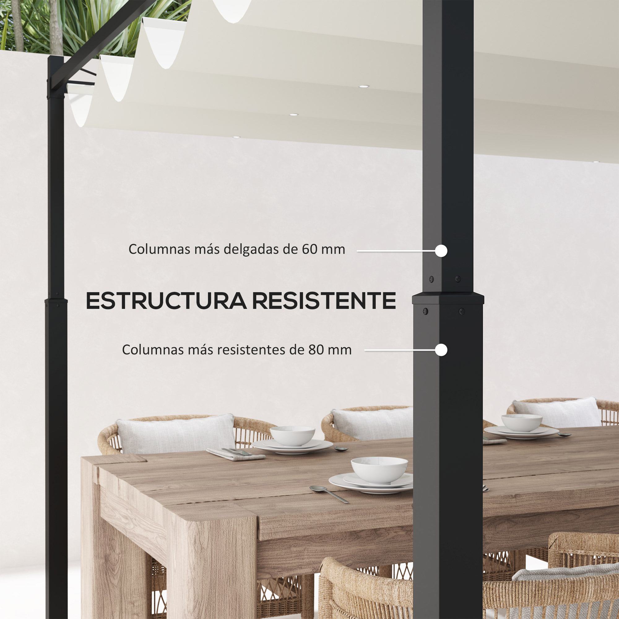 Estructura con columnas más delgadas de 60 mm y más gruesas de 80 mm.