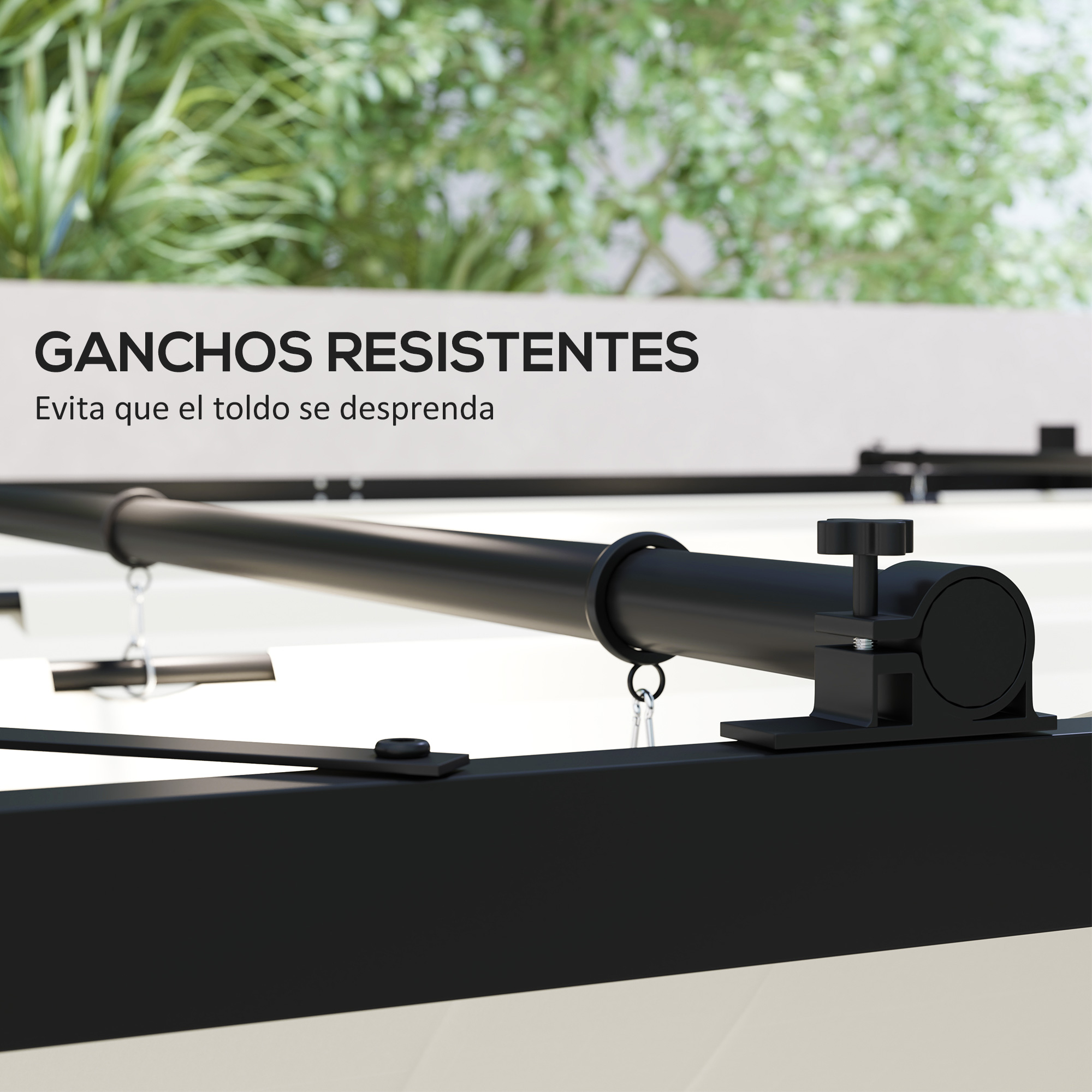 Soporte negro con ganchos y tornillos para un toldo, al aire libre.