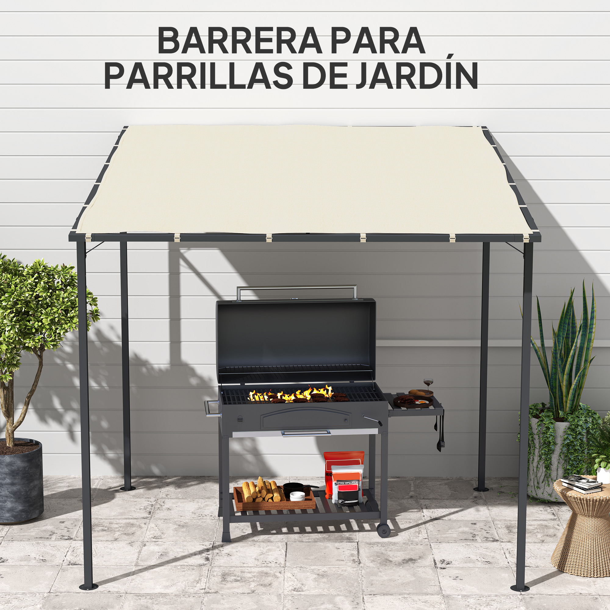 Una parrilla bajo un toldo color crema con llamas, carne y acompañamientos.